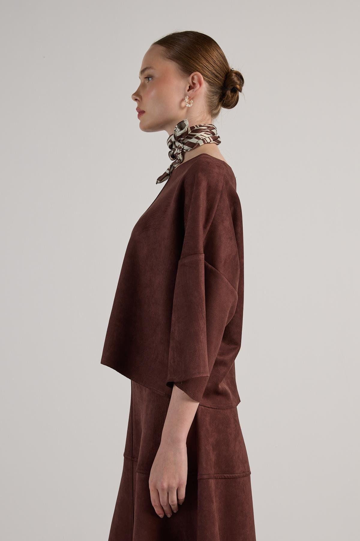 Kadın Kahve Dalgıç Süet Parçalı Bluz 30038