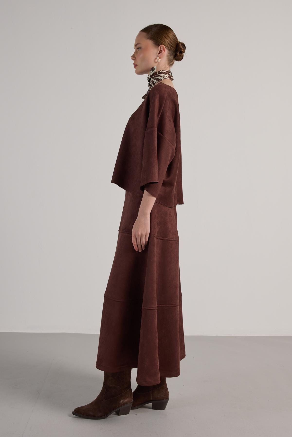 Kadın Kahve Dalgıç Süet Parçalı Bluz 30038