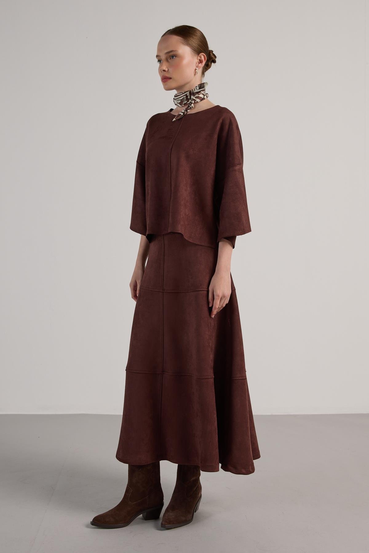 Kadın Kahve Dalgıç Süet Parçalı Bluz 30038