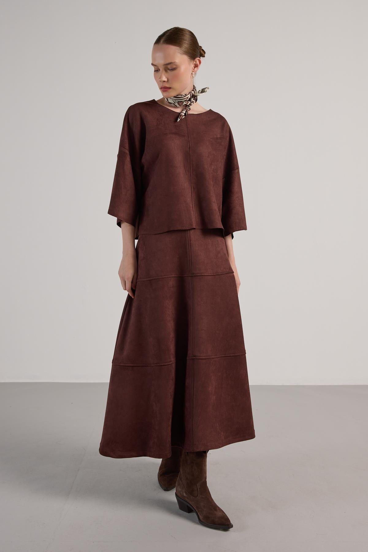 Kadın Kahve Dalgıç Süet Parçalı Bluz 30038