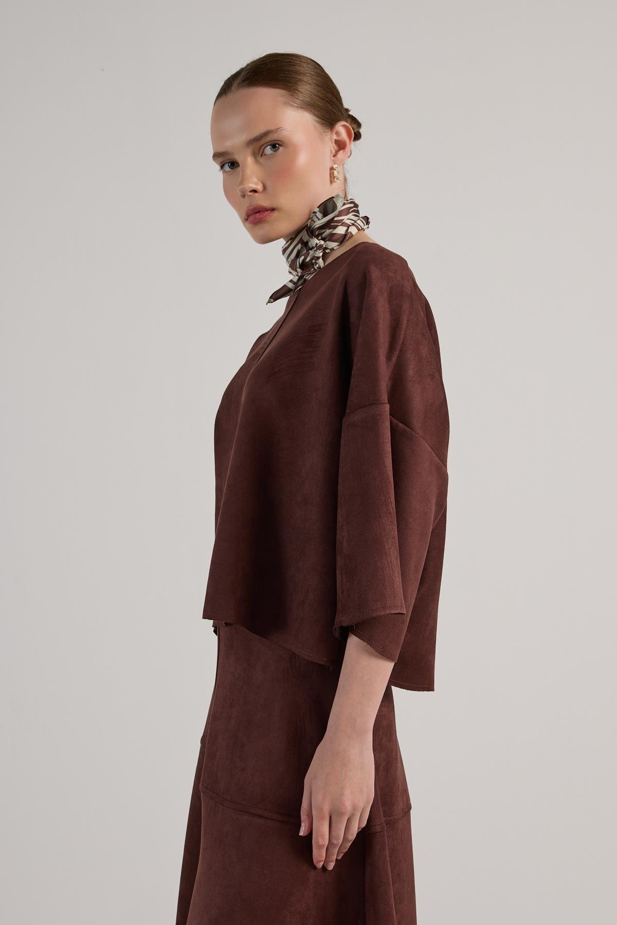 Kadın Kahve Dalgıç Süet Parçalı Bluz 30038