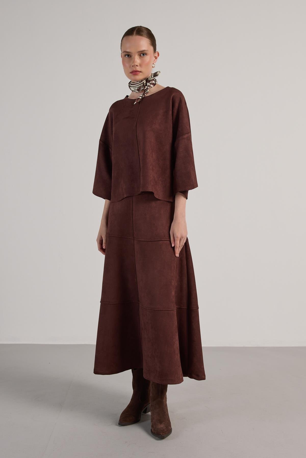 Kadın Kahve Dalgıç Süet Parçalı Bluz 30038