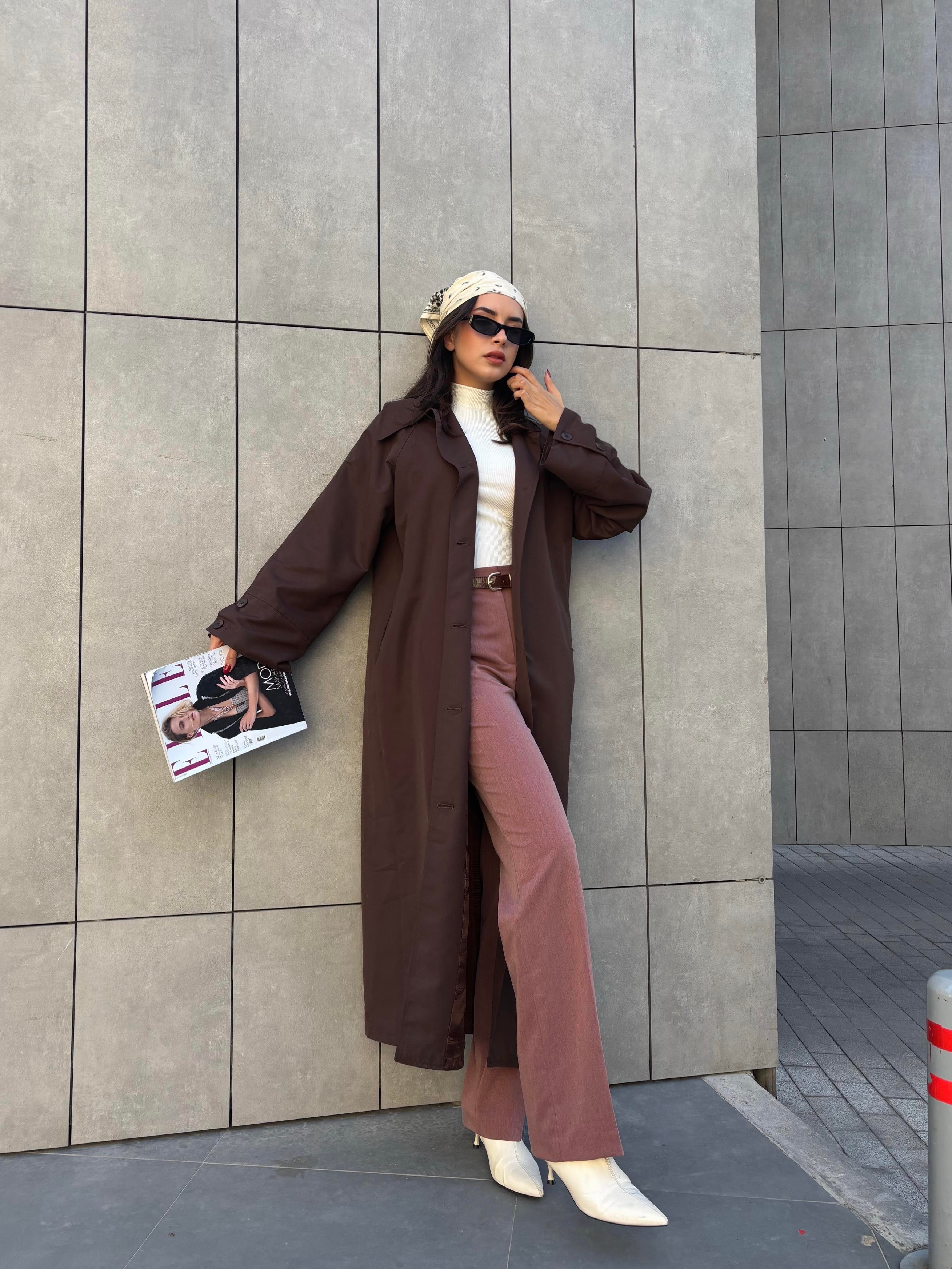 Kadın Kahve Fistanlı Uzun Trençkot 30030