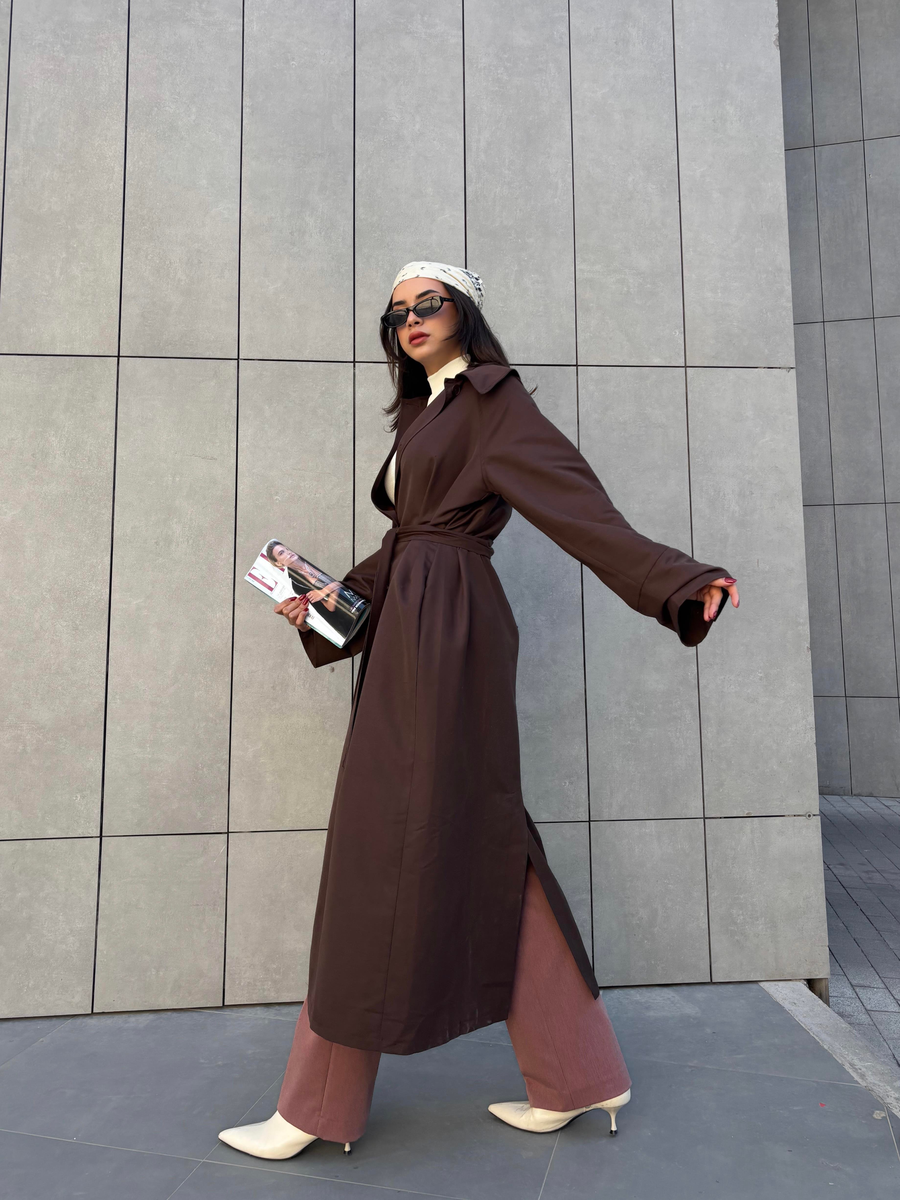 Kadın Kahve Fistanlı Uzun Trençkot 30030