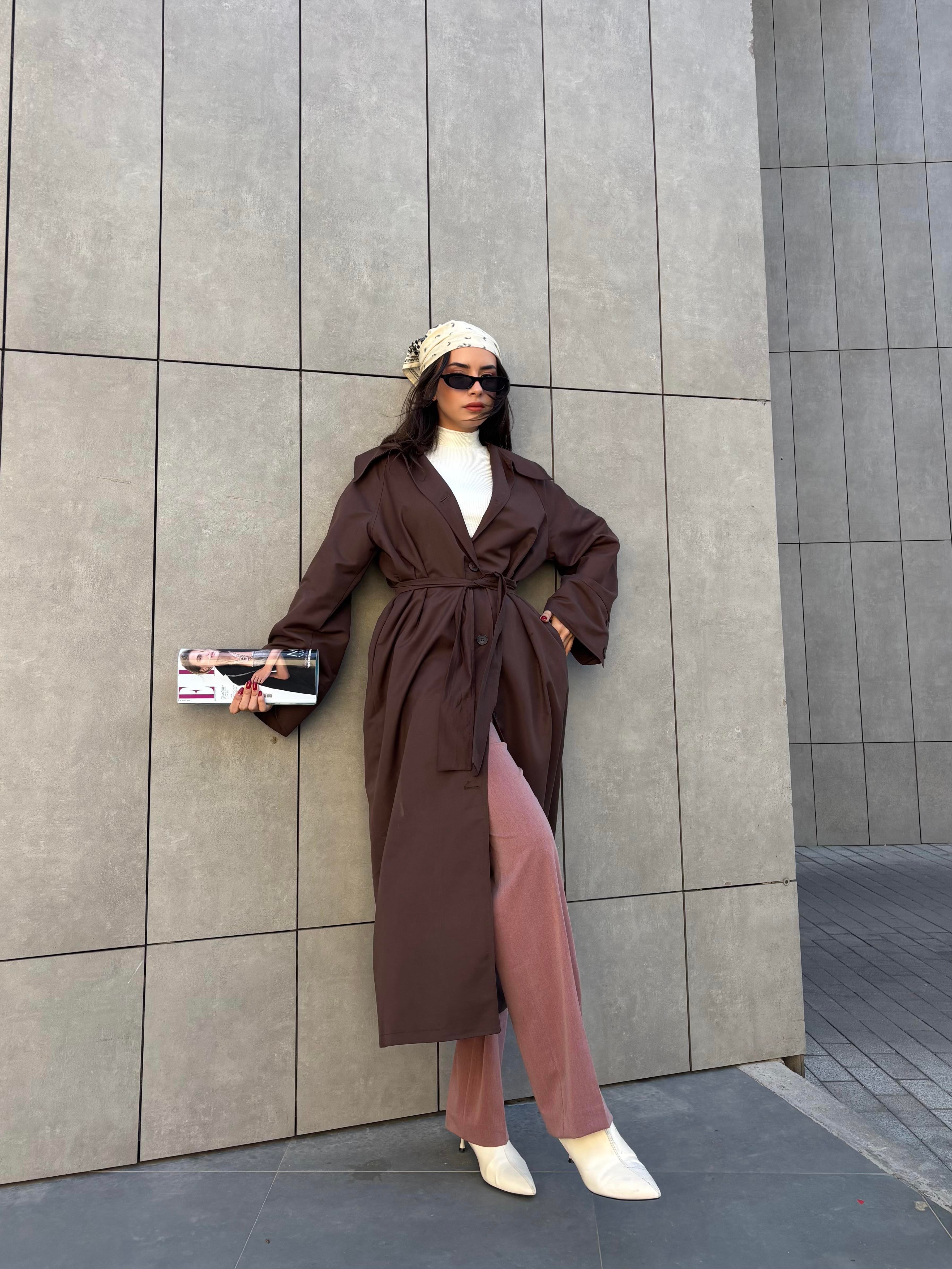 Kadın Kahve Fistanlı Uzun Trençkot 30030