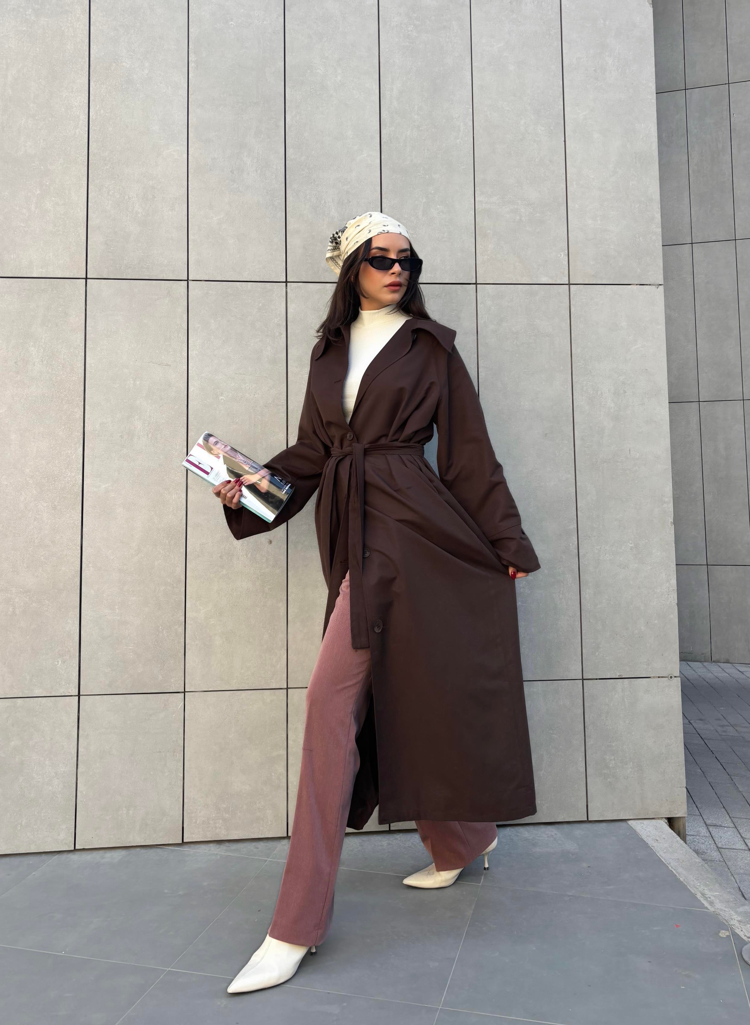 Kadın Kahve Fistanlı Uzun Trençkot 30030