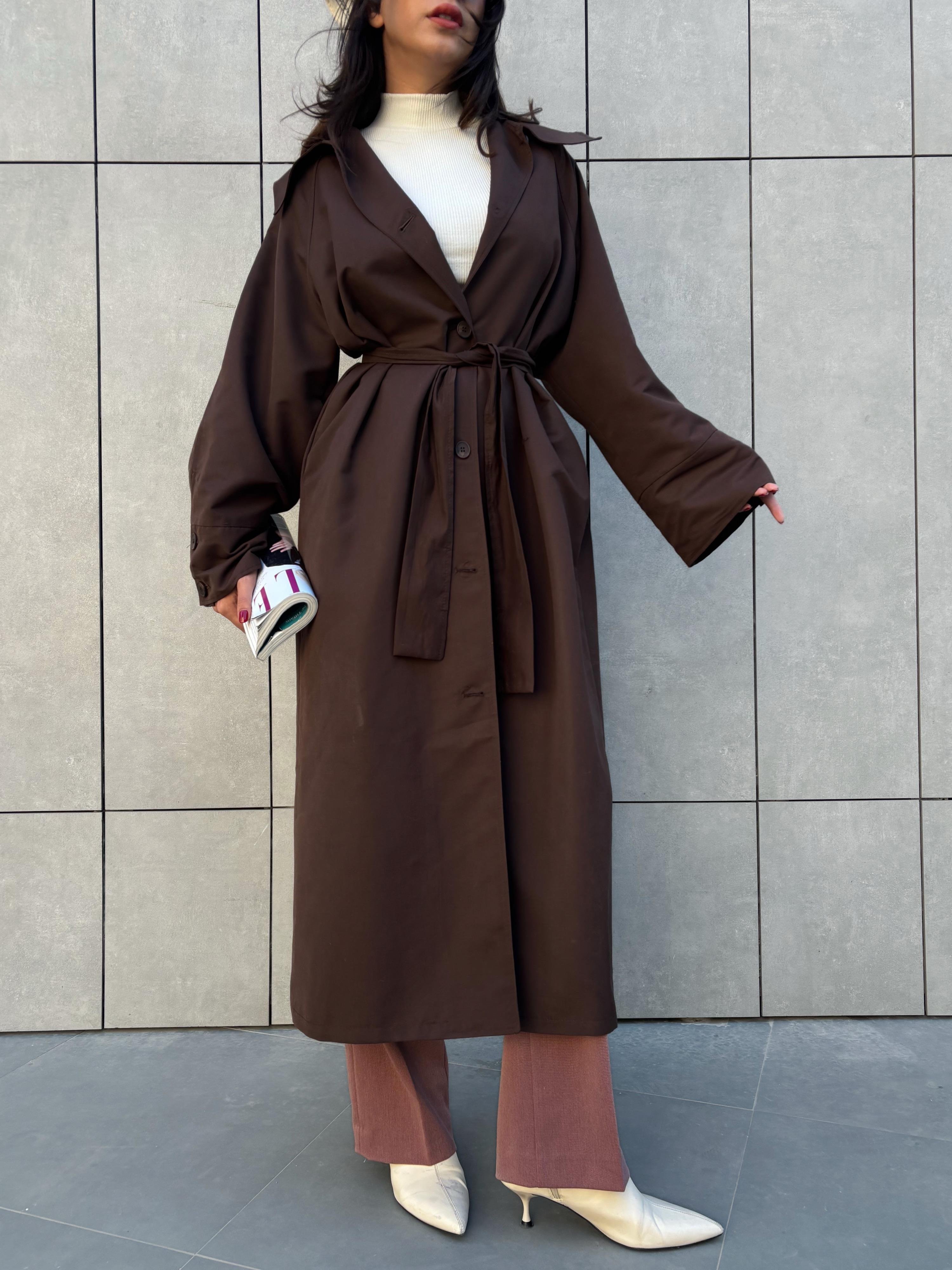 Kadın Kahve Fistanlı Uzun Trençkot 30030