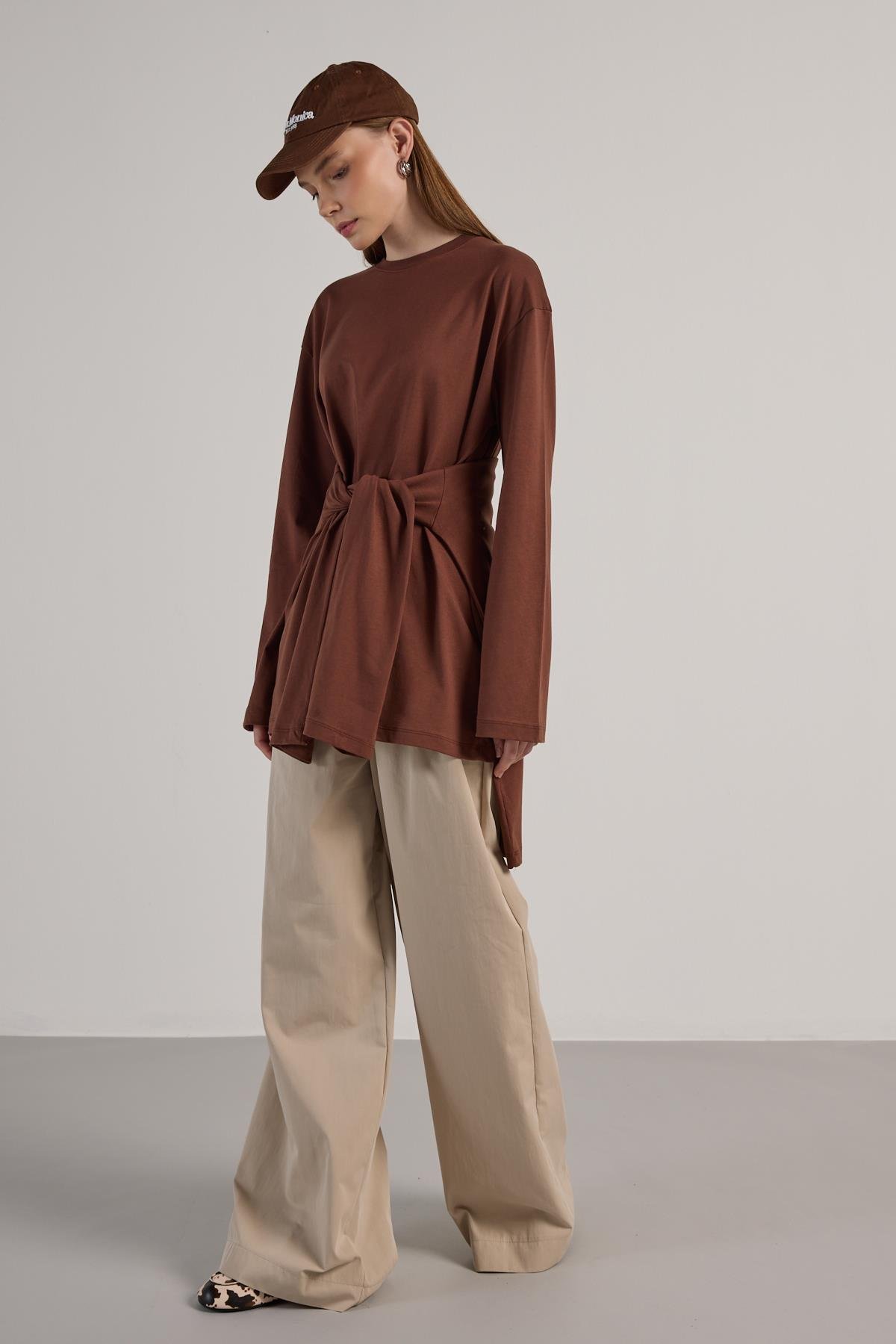 Kadın Kahve Geniş Kol Oversize Uzun Basic T-shirt 30058