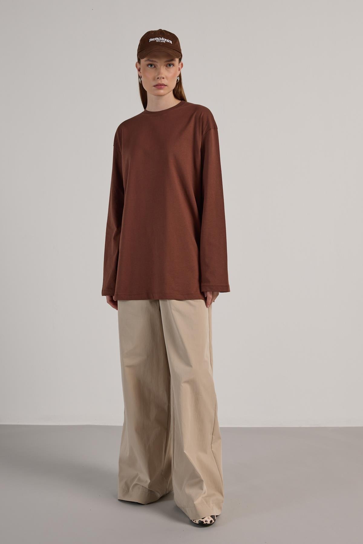 Kadın Kahve Geniş Kol Oversize Uzun Basic T-shirt 30058