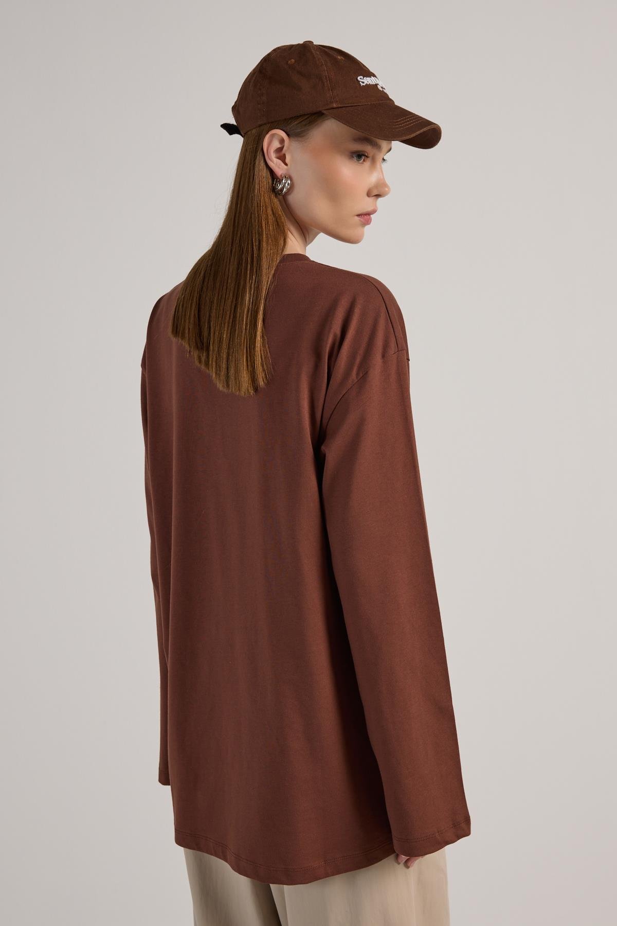 Kadın Kahve Geniş Kol Oversize Uzun Basic T-shirt 30058