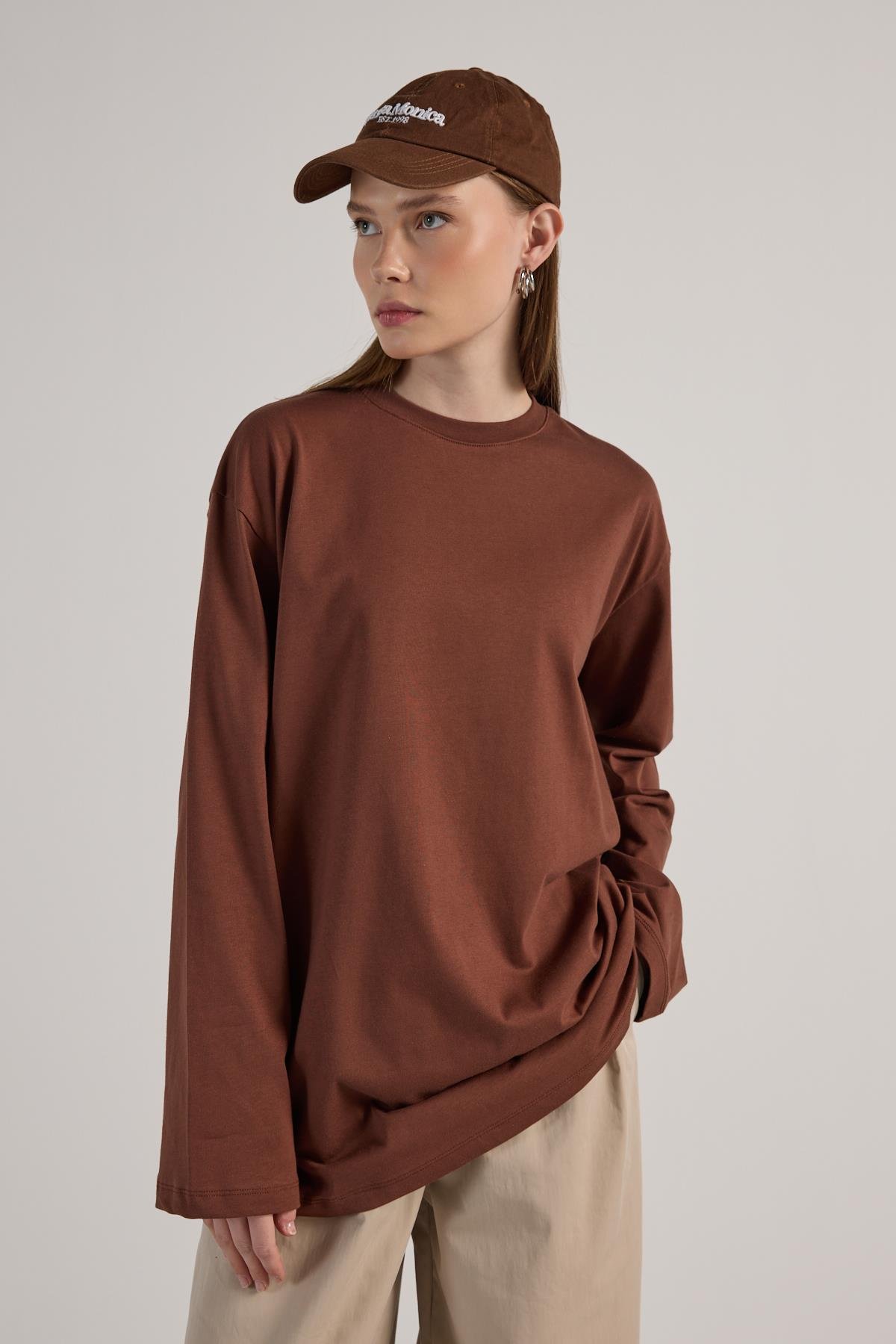 Kadın Kahve Geniş Kol Oversize Uzun Basic T-shirt 30058