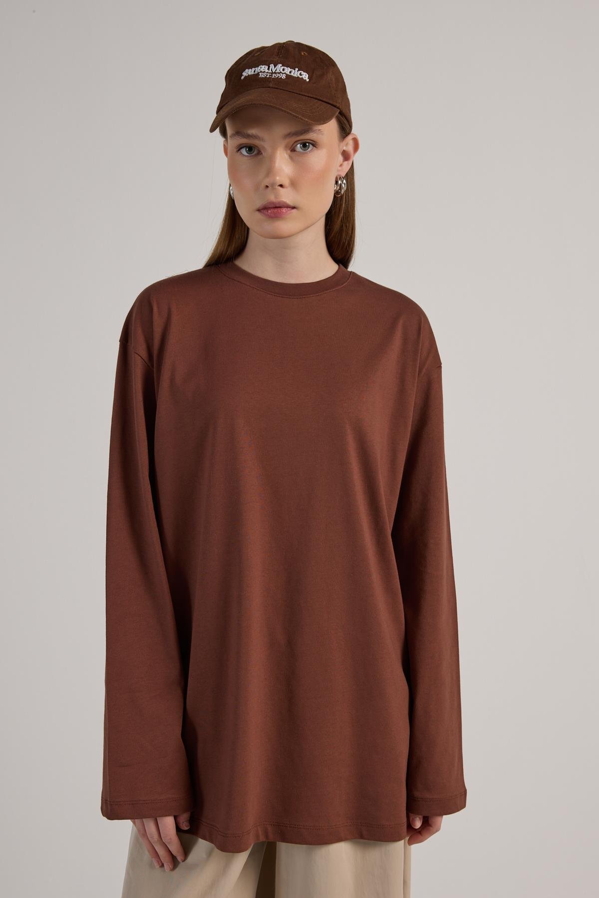 Kadın Kahve Geniş Kol Oversize Uzun Basic T-shirt 30058