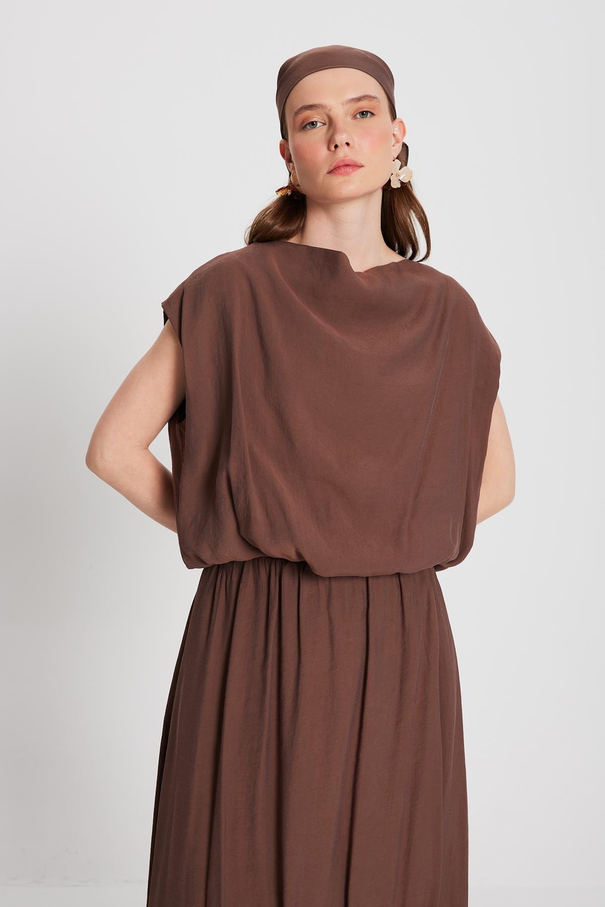 Kadın Kahve Modal Kumaş Balon Bluz 29140