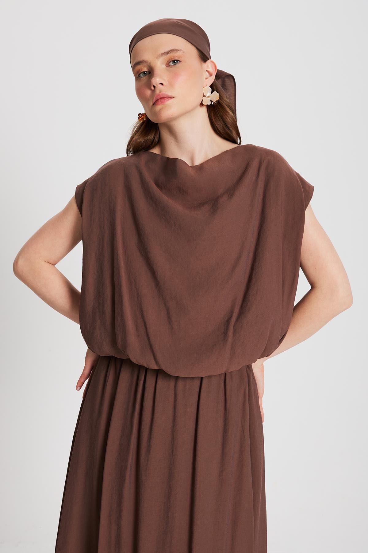 Kadın Kahve Modal Kumaş Balon Bluz 29140