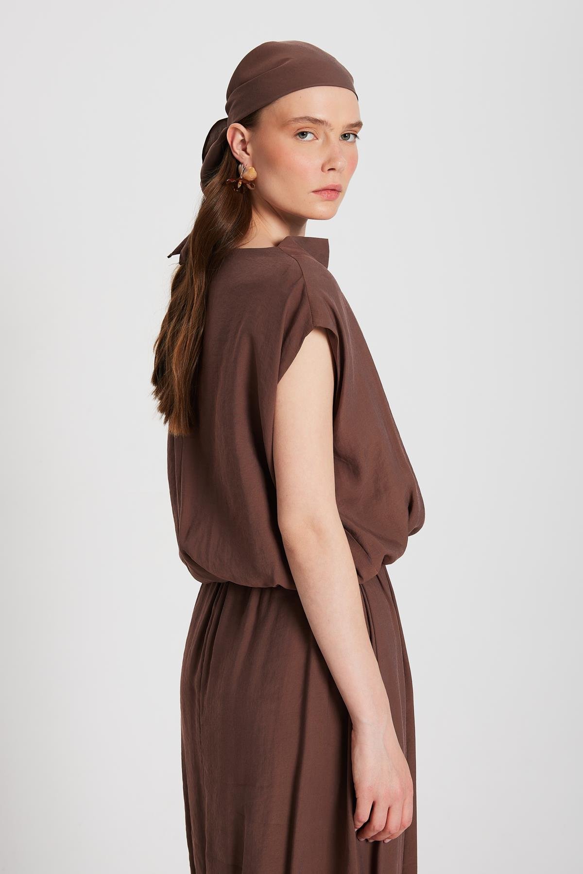 Kadın Kahve Modal Kumaş Balon Bluz 29140