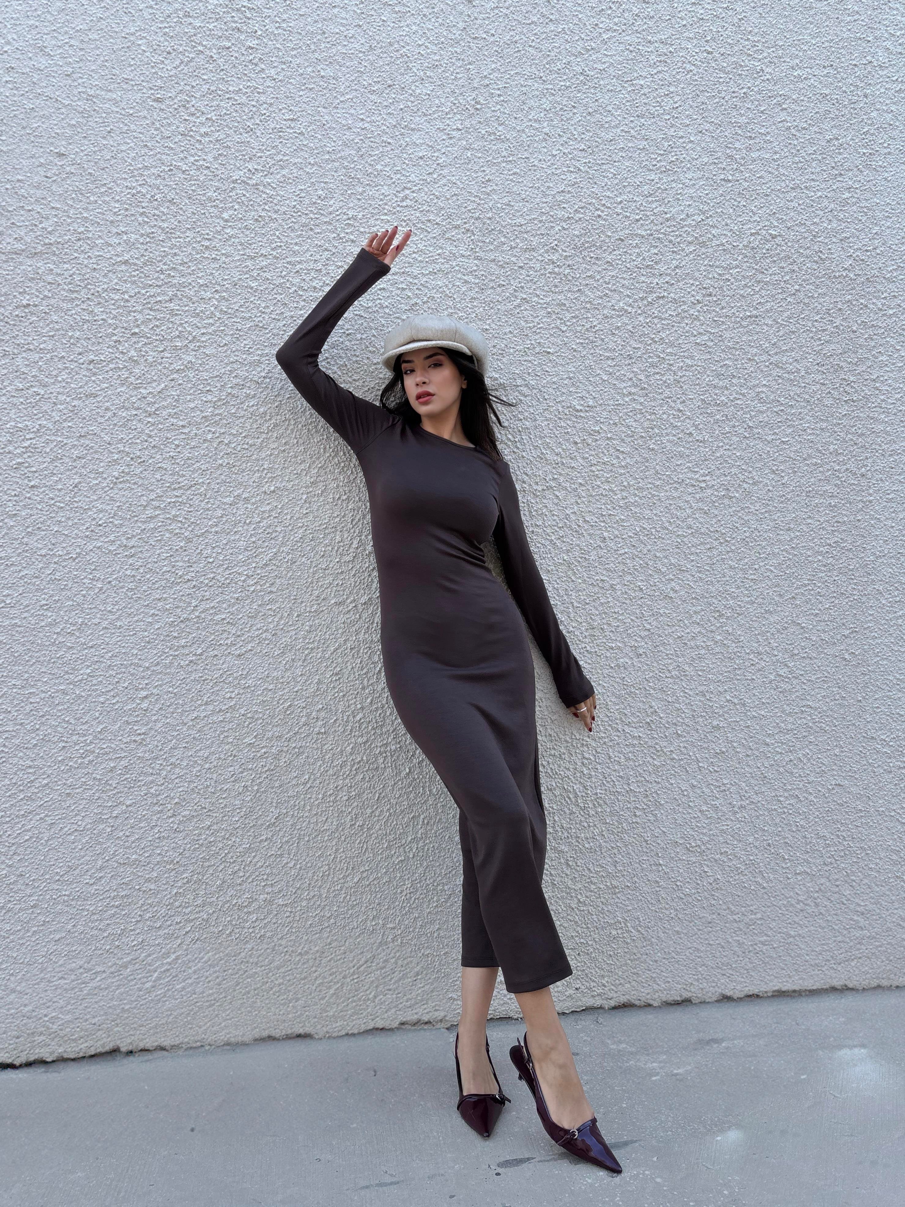 Kadın Kahve Modal Kumaş Dar kesim Uzun Elbise 30073