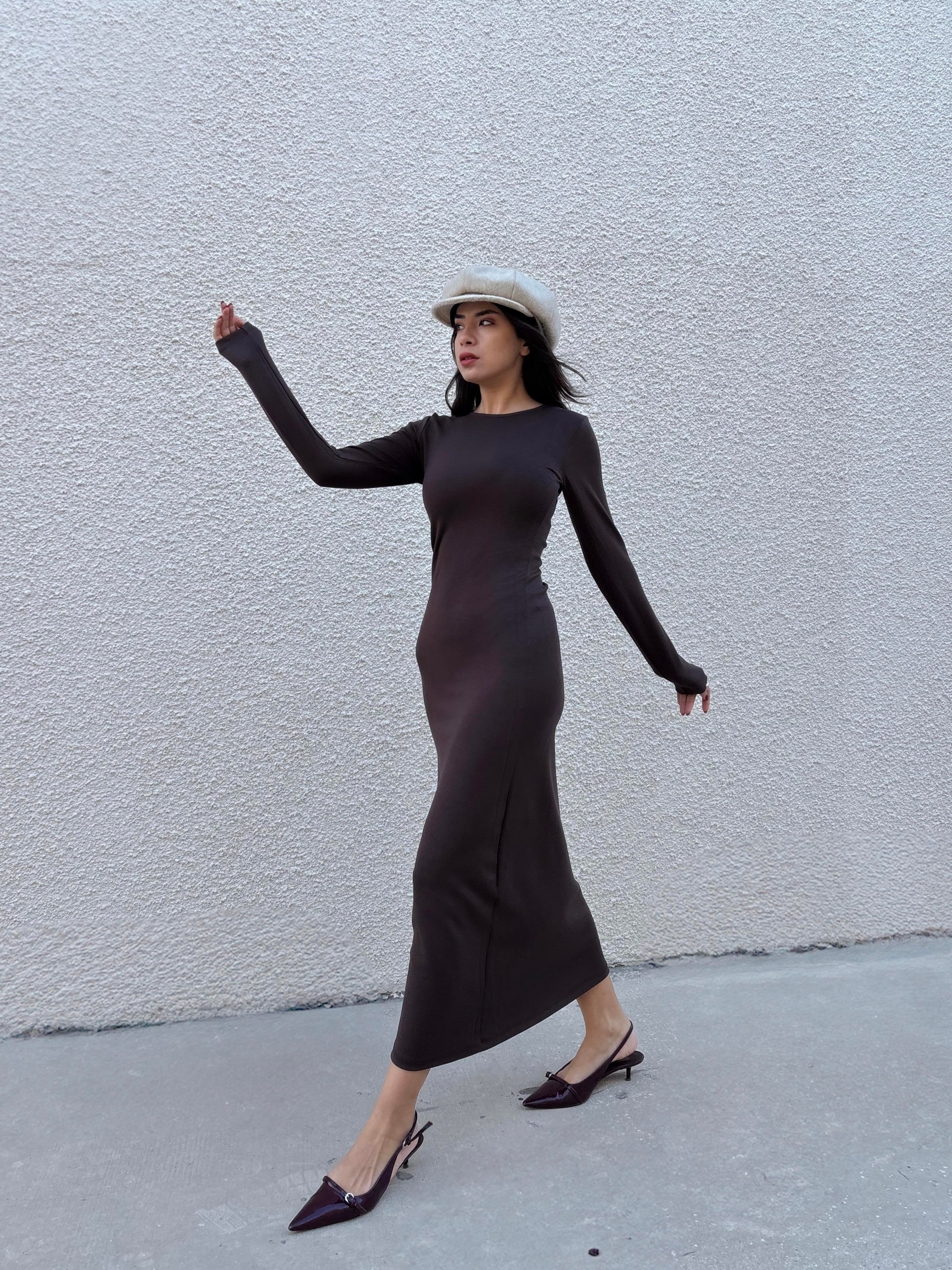 Kadın Kahve Modal Kumaş Dar kesim Uzun Elbise 30073