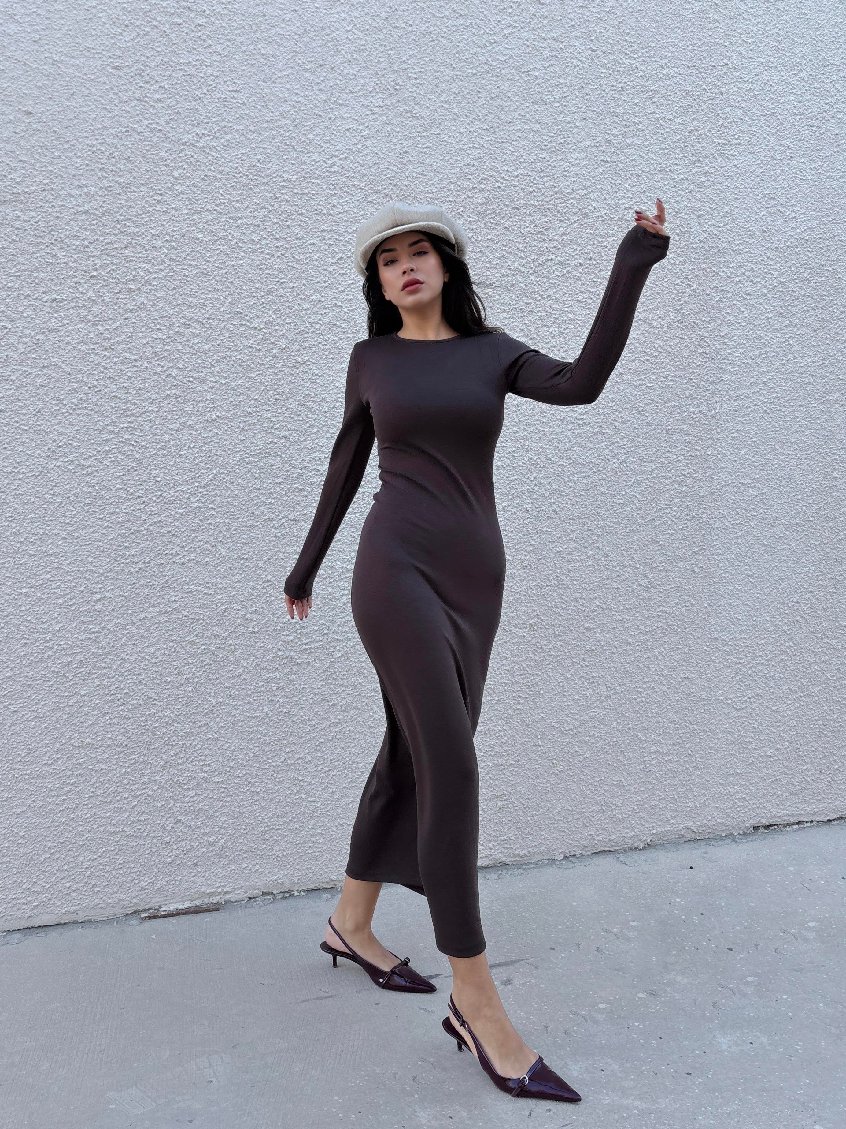 Kadın Kahve Modal Kumaş Dar kesim Uzun Elbise 30073