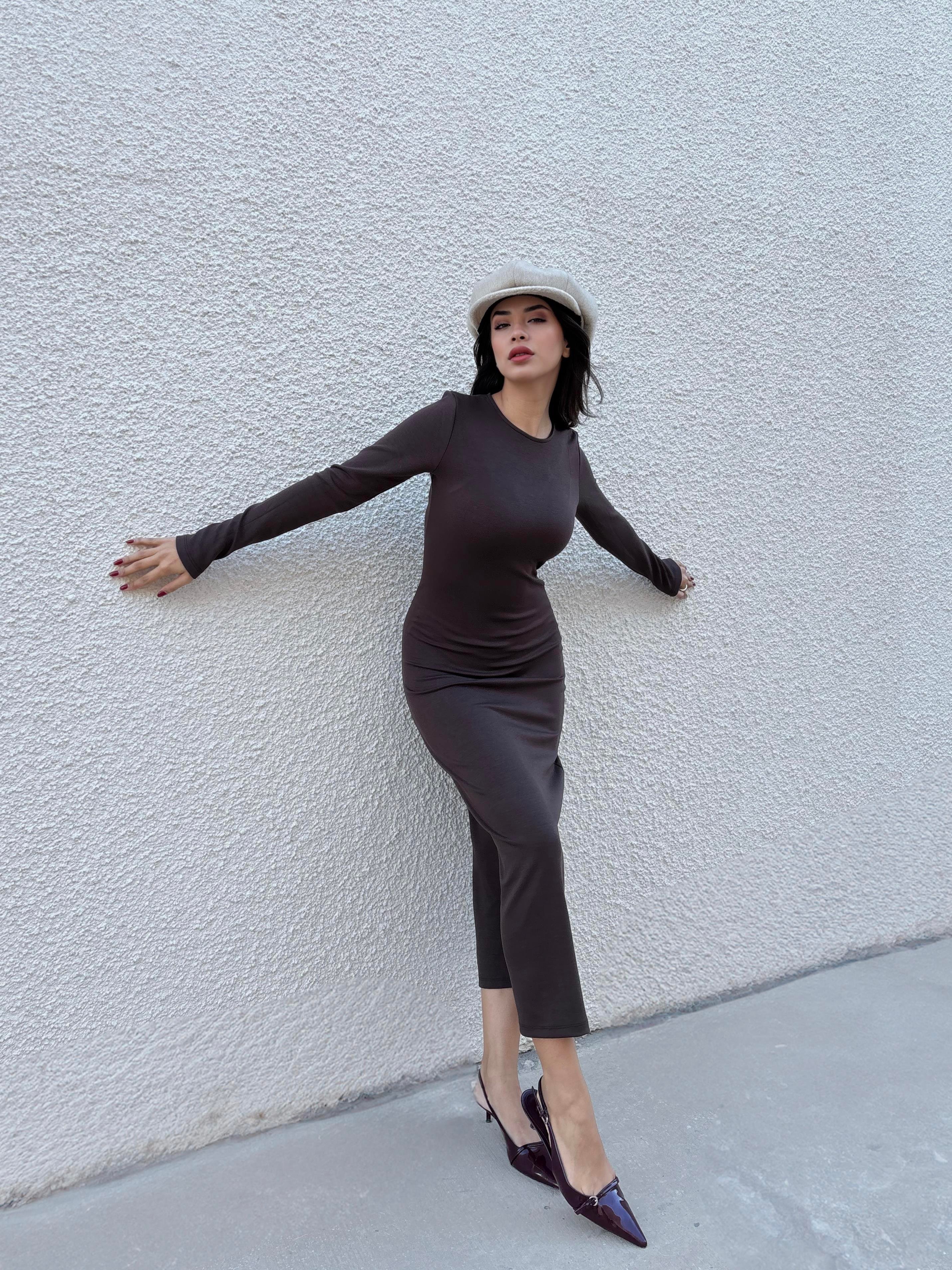 Kadın Kahve Modal Kumaş Dar kesim Uzun Elbise 30073