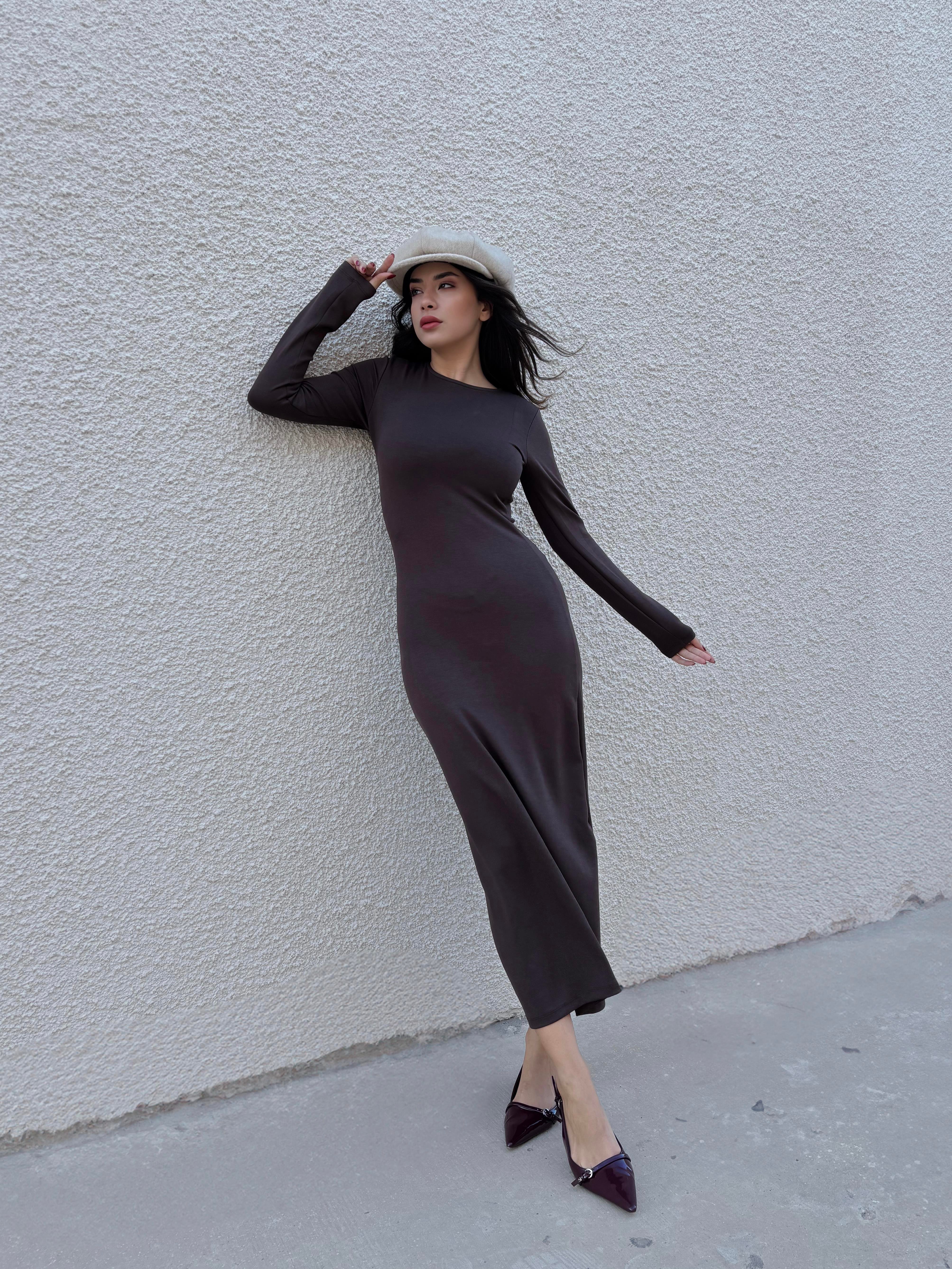 Kadın Kahve Modal Kumaş Dar kesim Uzun Elbise 30073