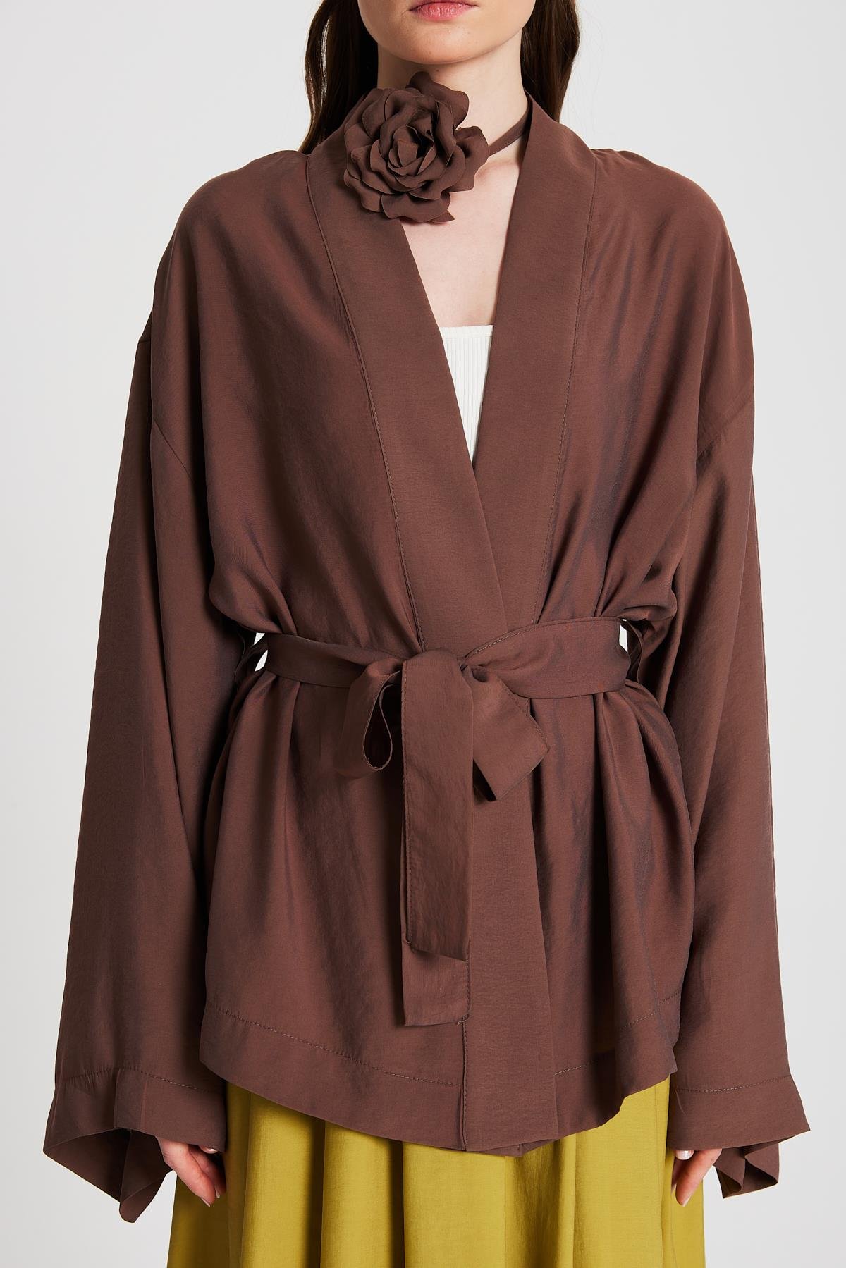 Kadın Kahve Oversize %100 Modal Bağlamalı Kimono Ceket 29146