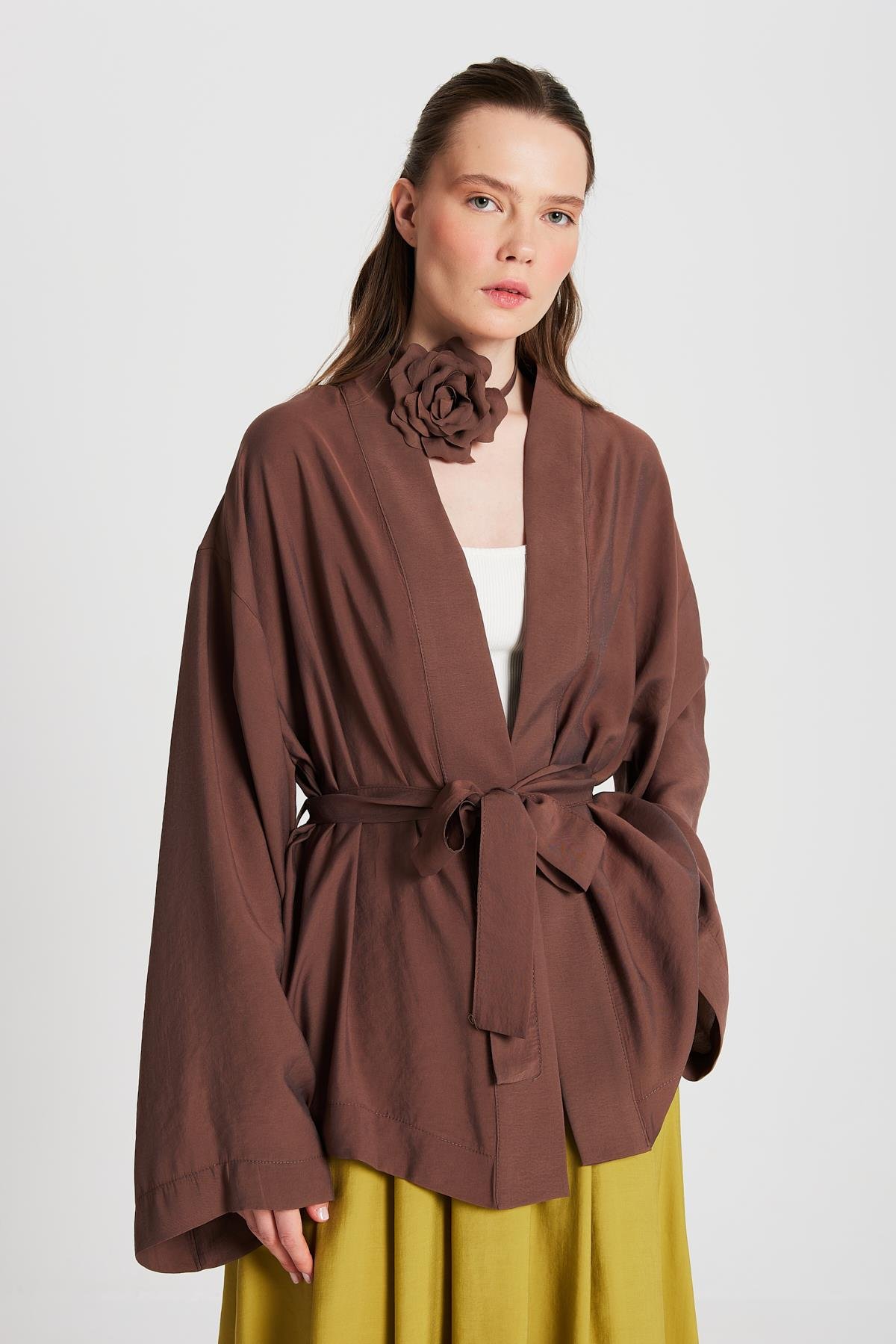 Kadın Kahve Oversize %100 Modal Bağlamalı Kimono Ceket 29146