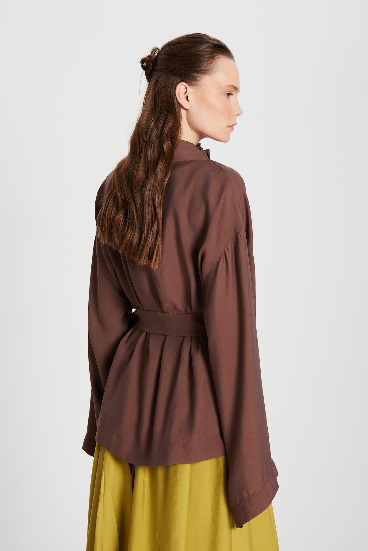 Kadın Kahve Oversize %100 Modal Bağlamalı Kimono Ceket 29146