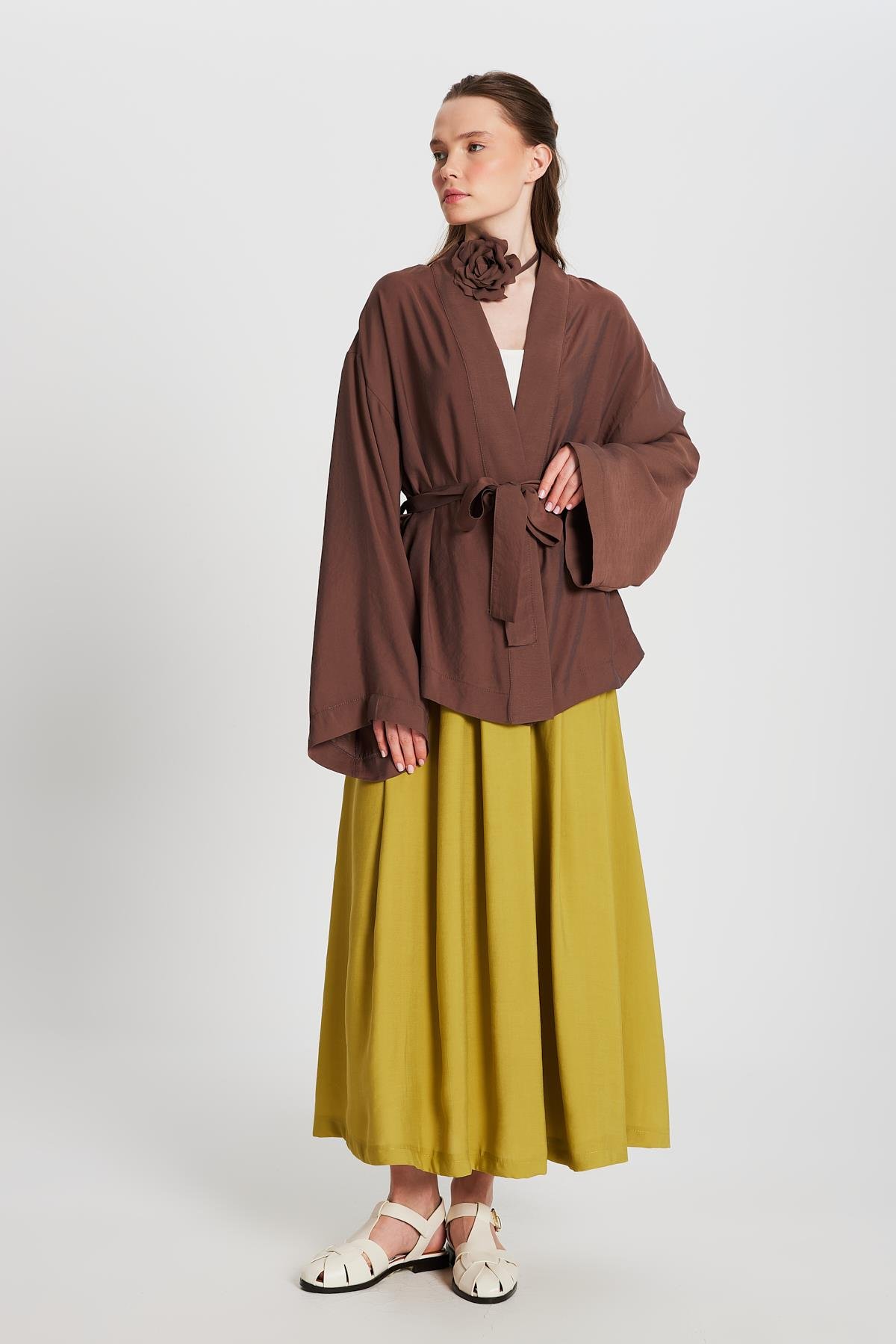 Kadın Kahve Oversize %100 Modal Bağlamalı Kimono Ceket 29146