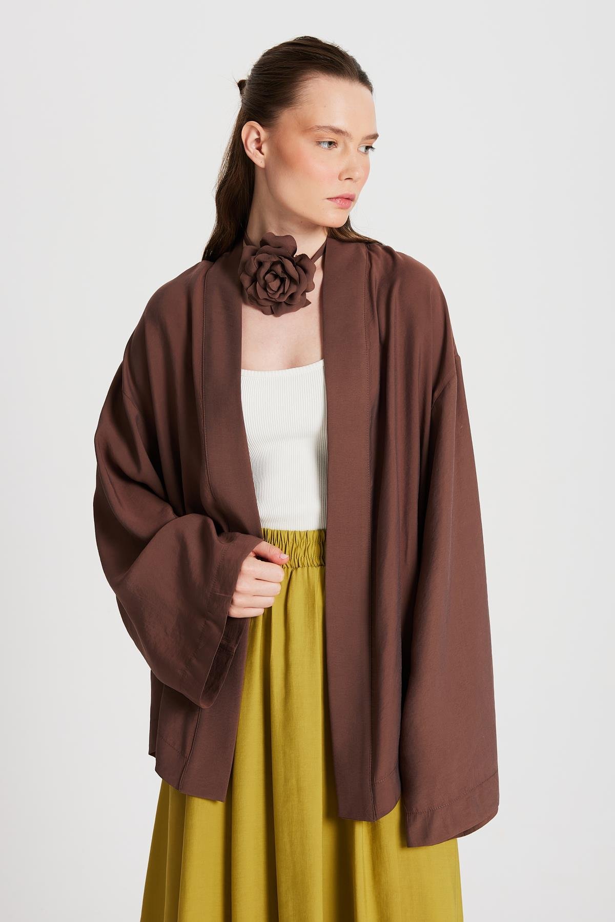 Kadın Kahve Oversize %100 Modal Bağlamalı Kimono Ceket 29146