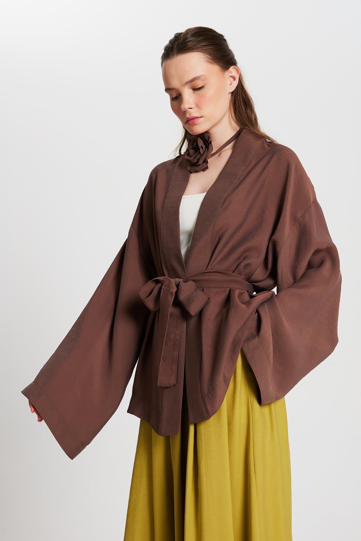 Kadın Kahve Oversize %100 Modal Bağlamalı Kimono Ceket 29146