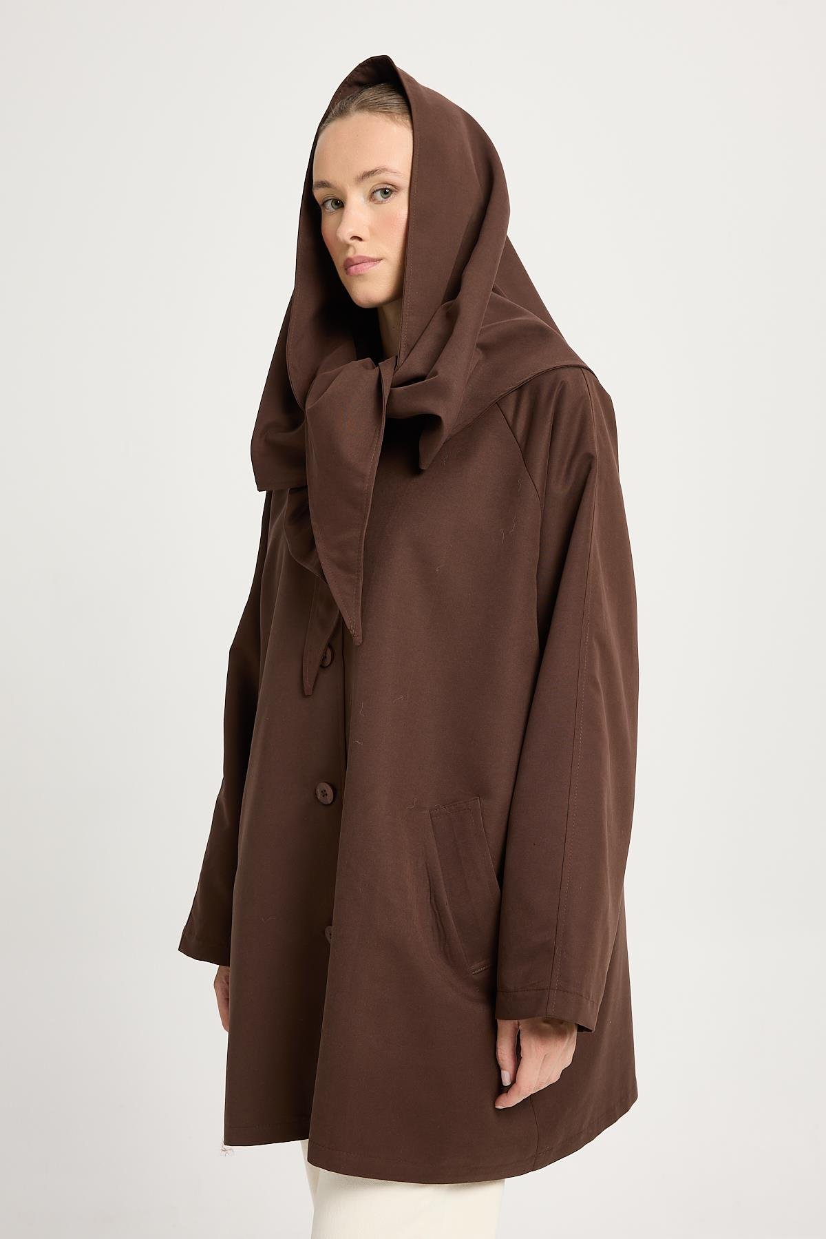 Kadın Kahve Oversize Seyyar Yakalı Astarlı Tasarım trençkot 30009