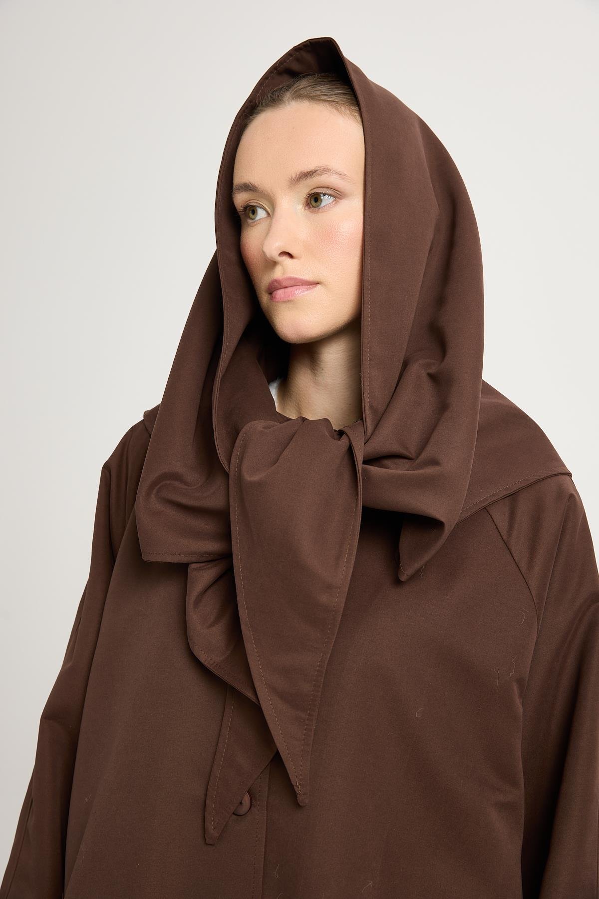 Kadın Kahve Oversize Seyyar Yakalı Astarlı Tasarım trençkot 30009
