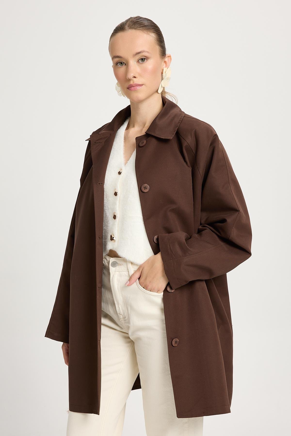 Kadın Kahve Oversize Seyyar Yakalı Astarlı Tasarım trençkot 30009
