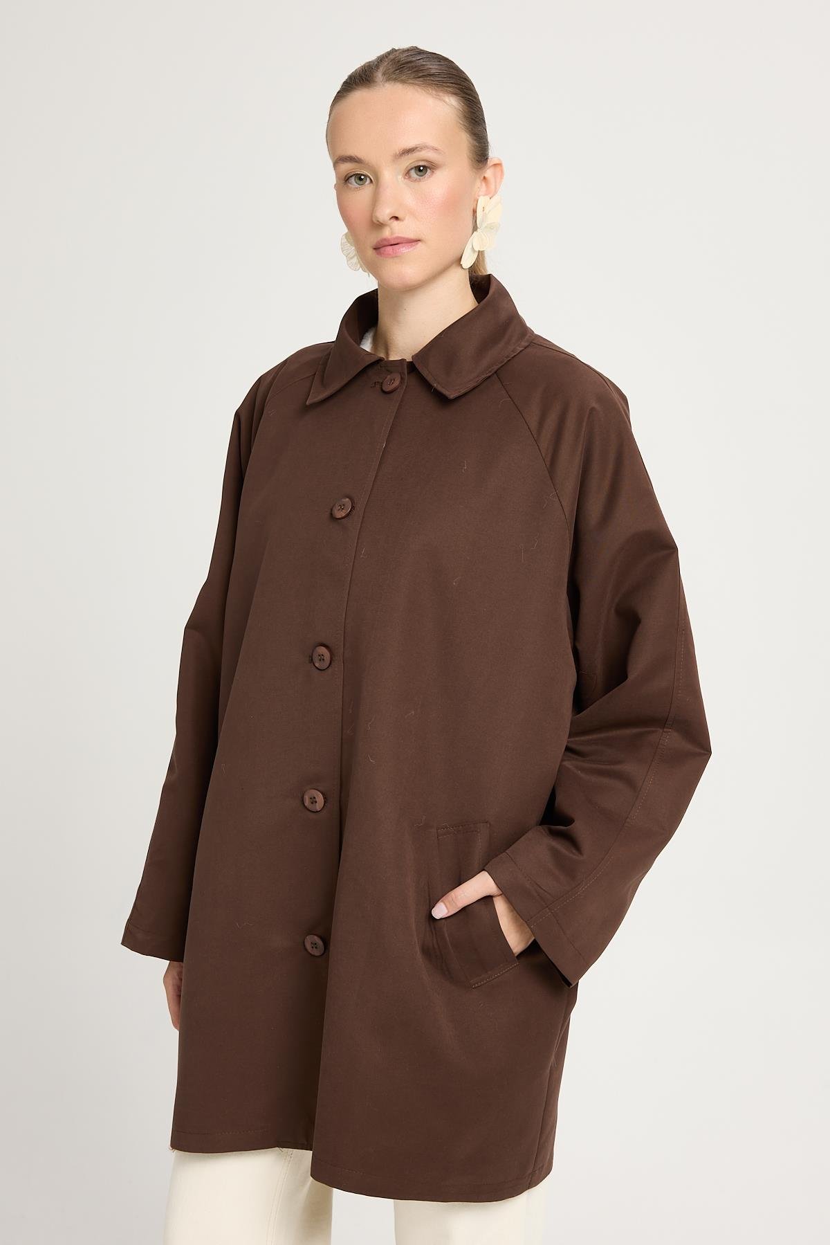 Kadın Kahve Oversize Seyyar Yakalı Astarlı Tasarım trençkot 30009