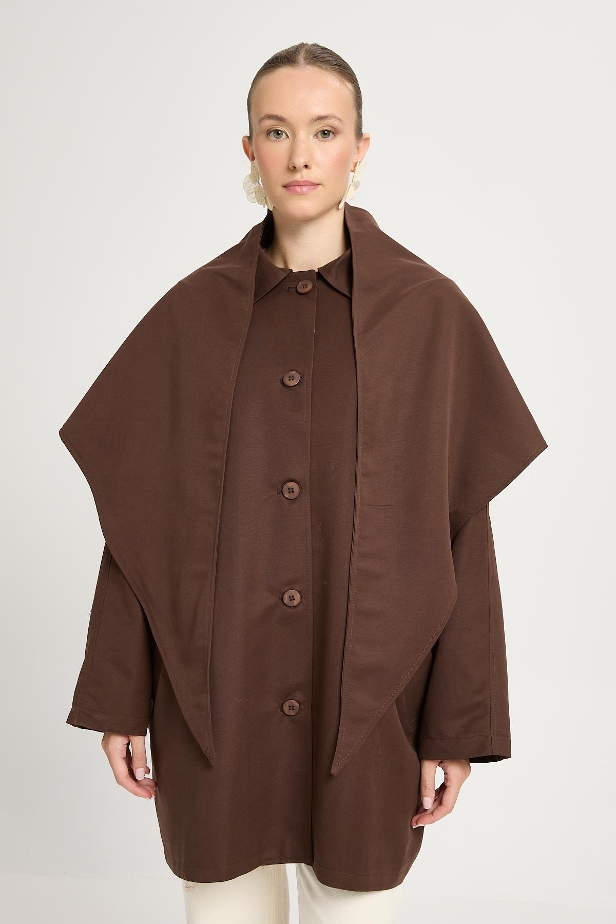 Kadın Kahve Oversize Seyyar Yakalı Astarlı Tasarım trençkot 30009