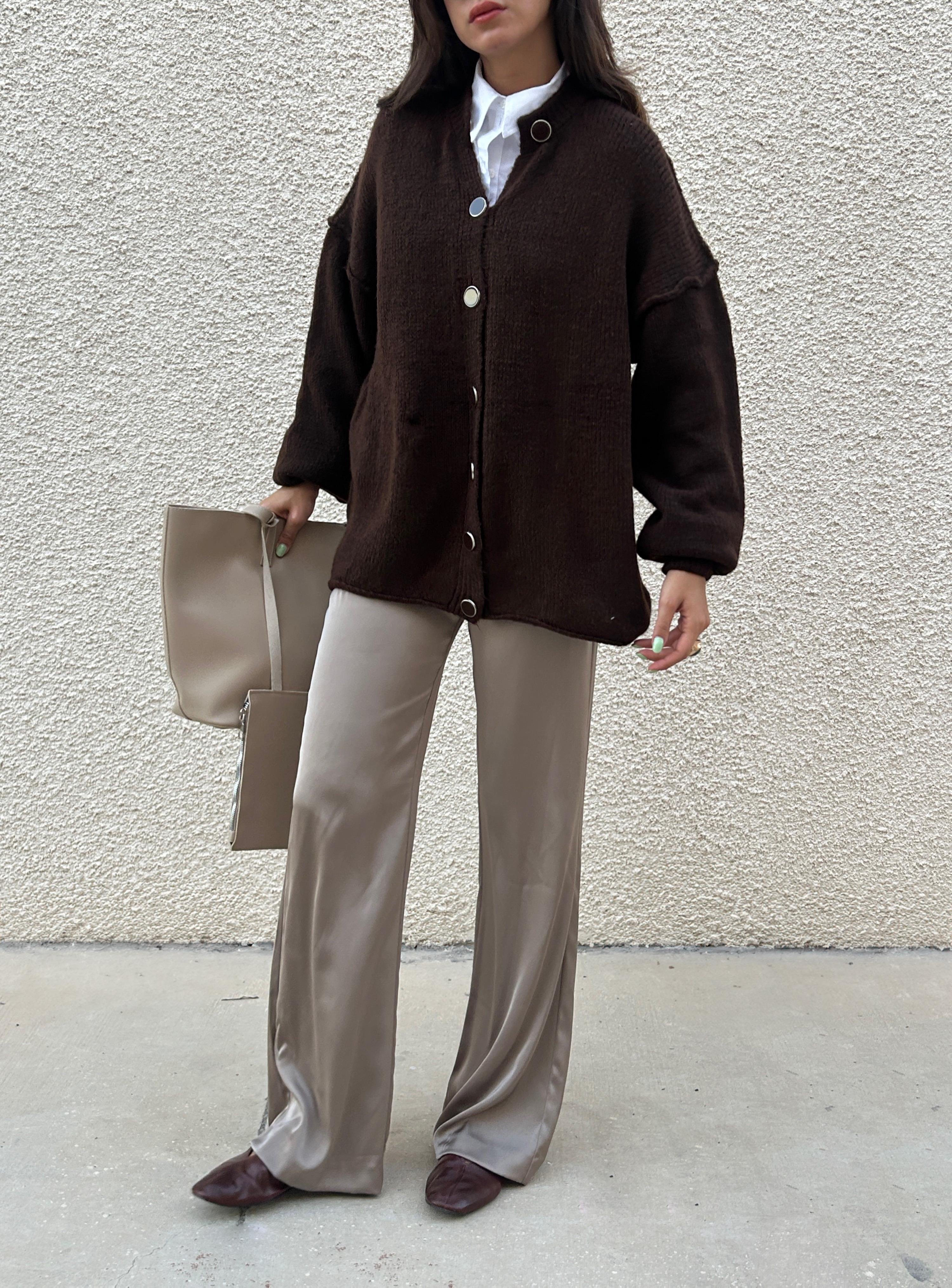 Kadın Kahve Oversize Triko Hırka Pis Dikişli 7000