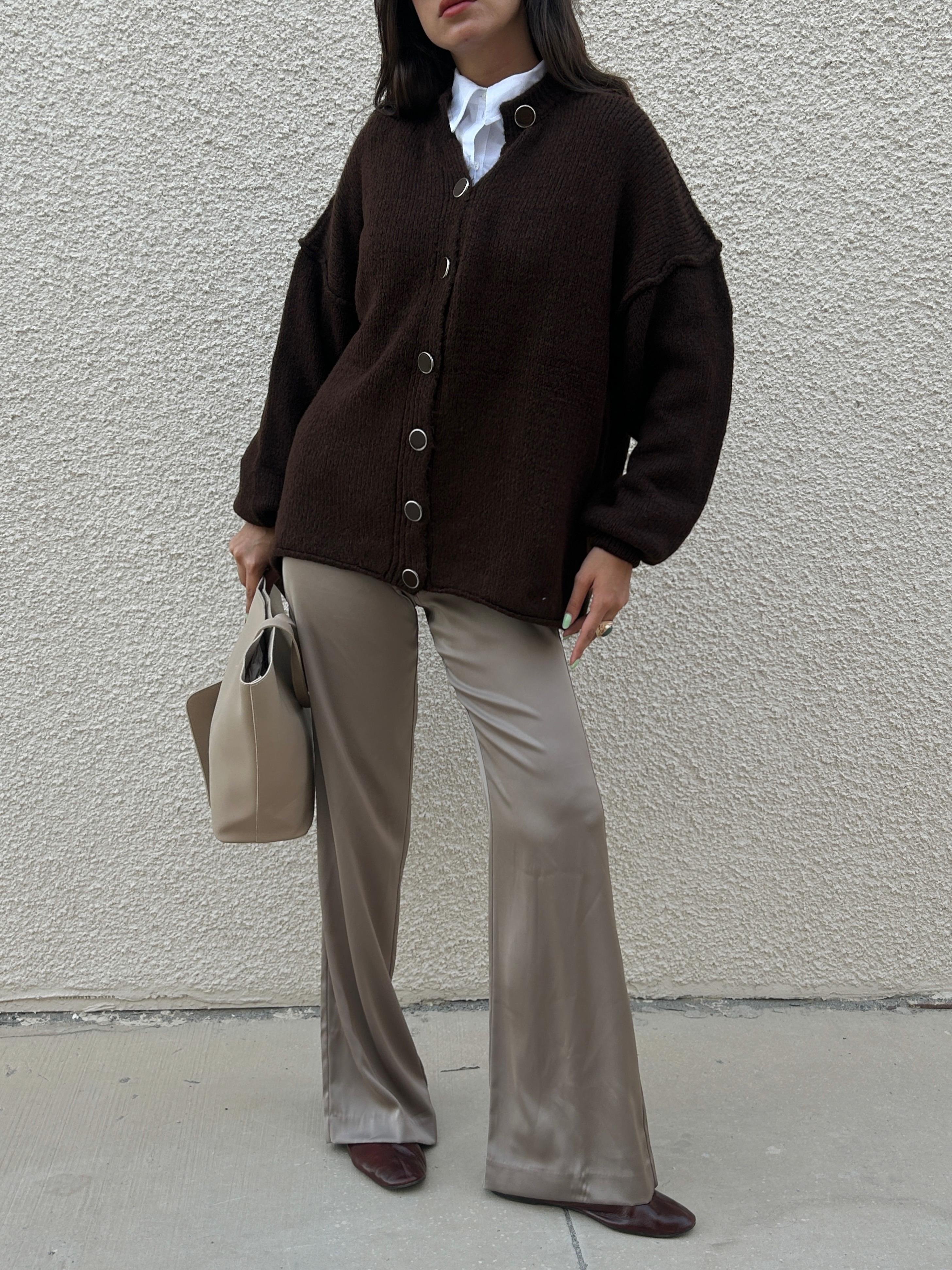 Kadın Kahve Oversize Triko Hırka Pis Dikişli 7000