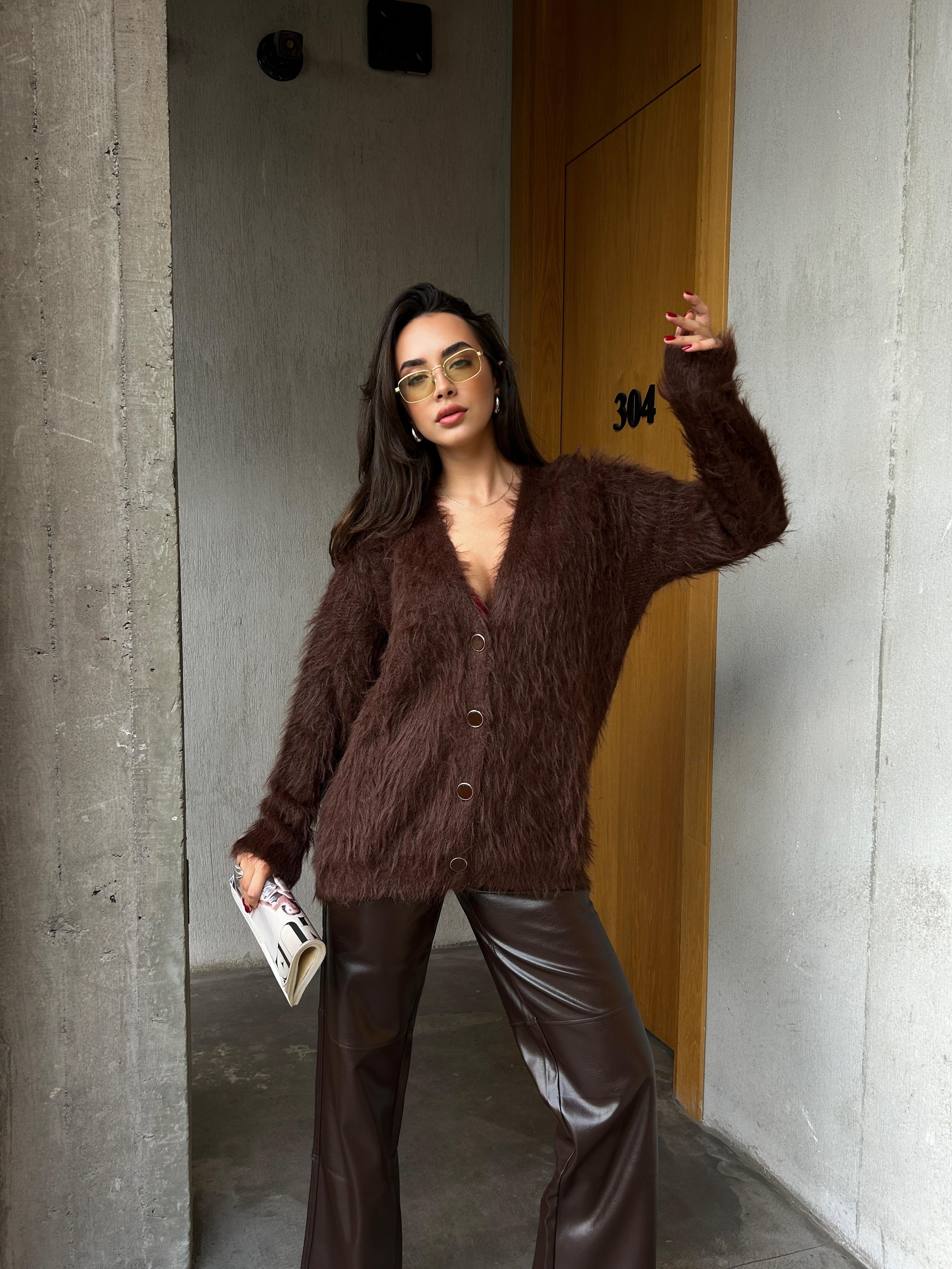 Kadın Kahve Peluş Oversize Triko Hırka 91