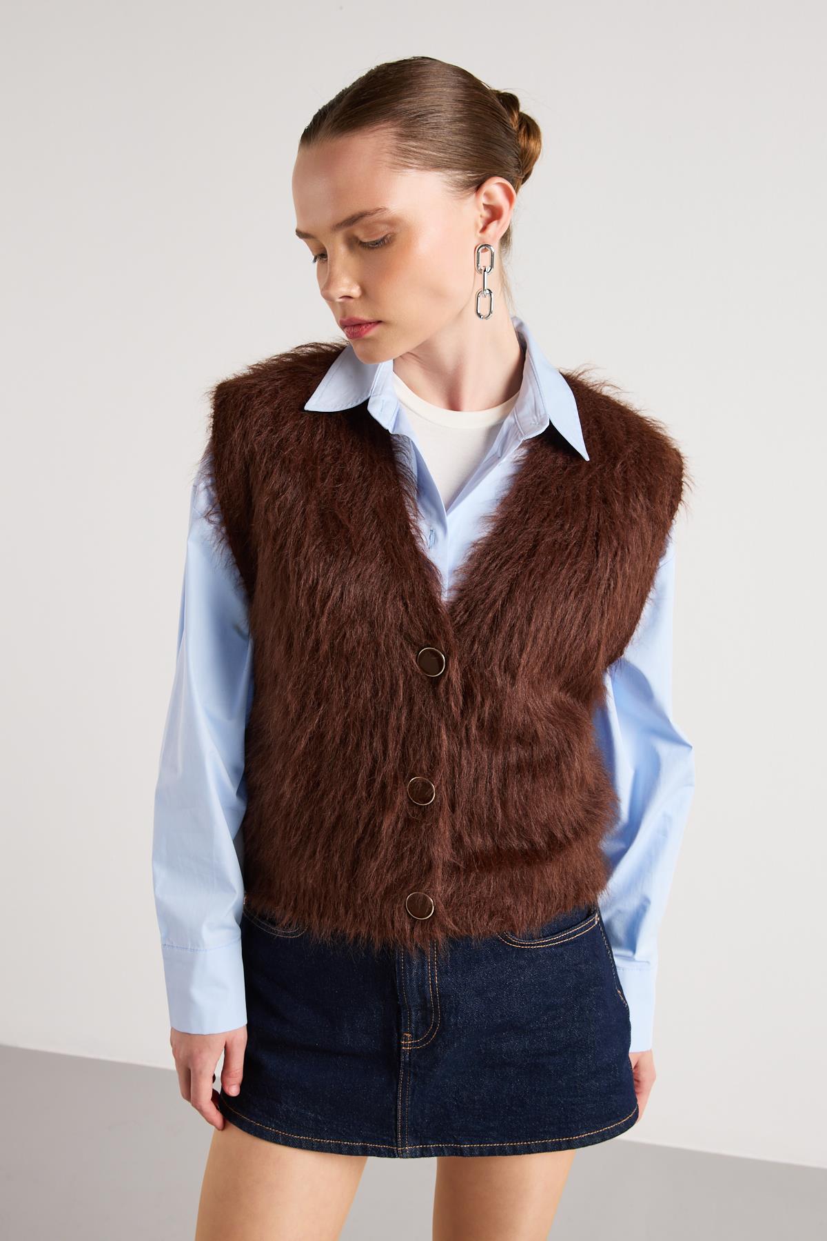 Kadın Kahve Peluş Triko Yelek 92