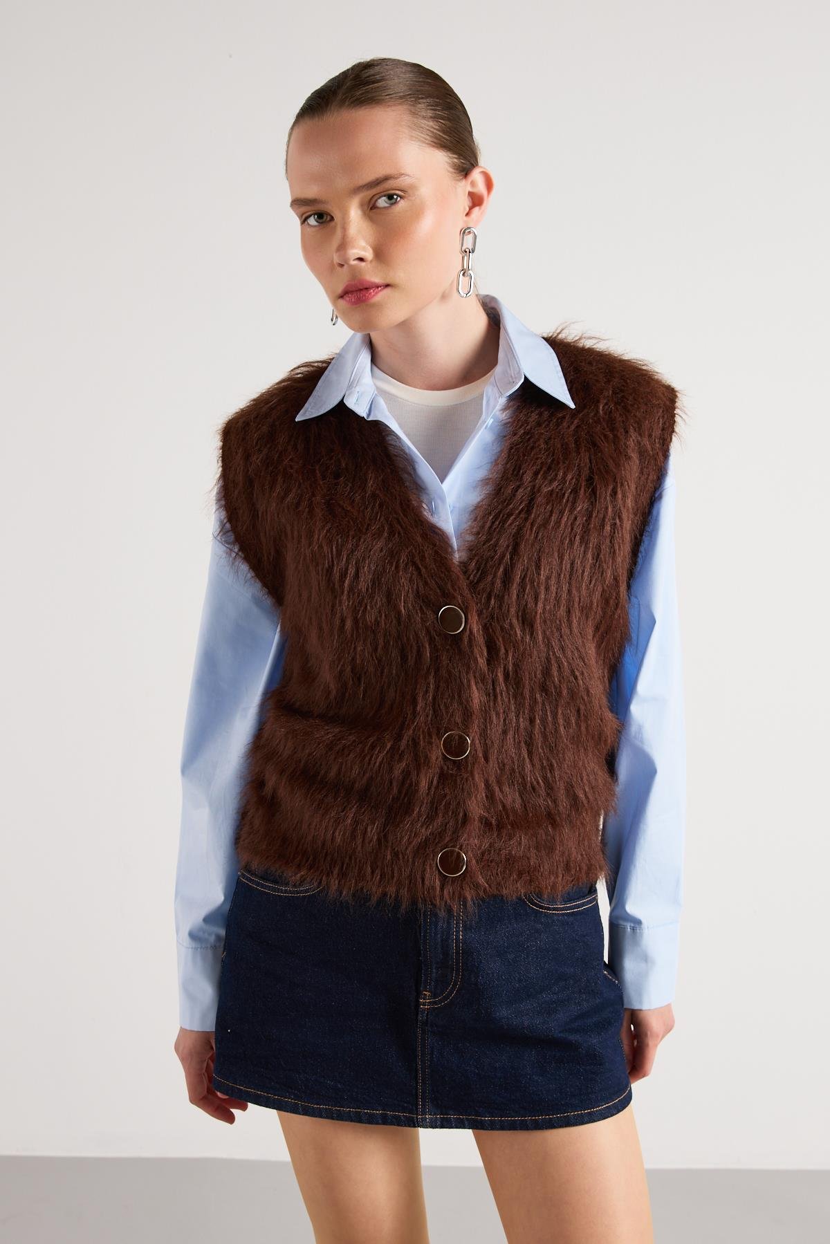 Kadın Kahve Peluş Triko Yelek 92