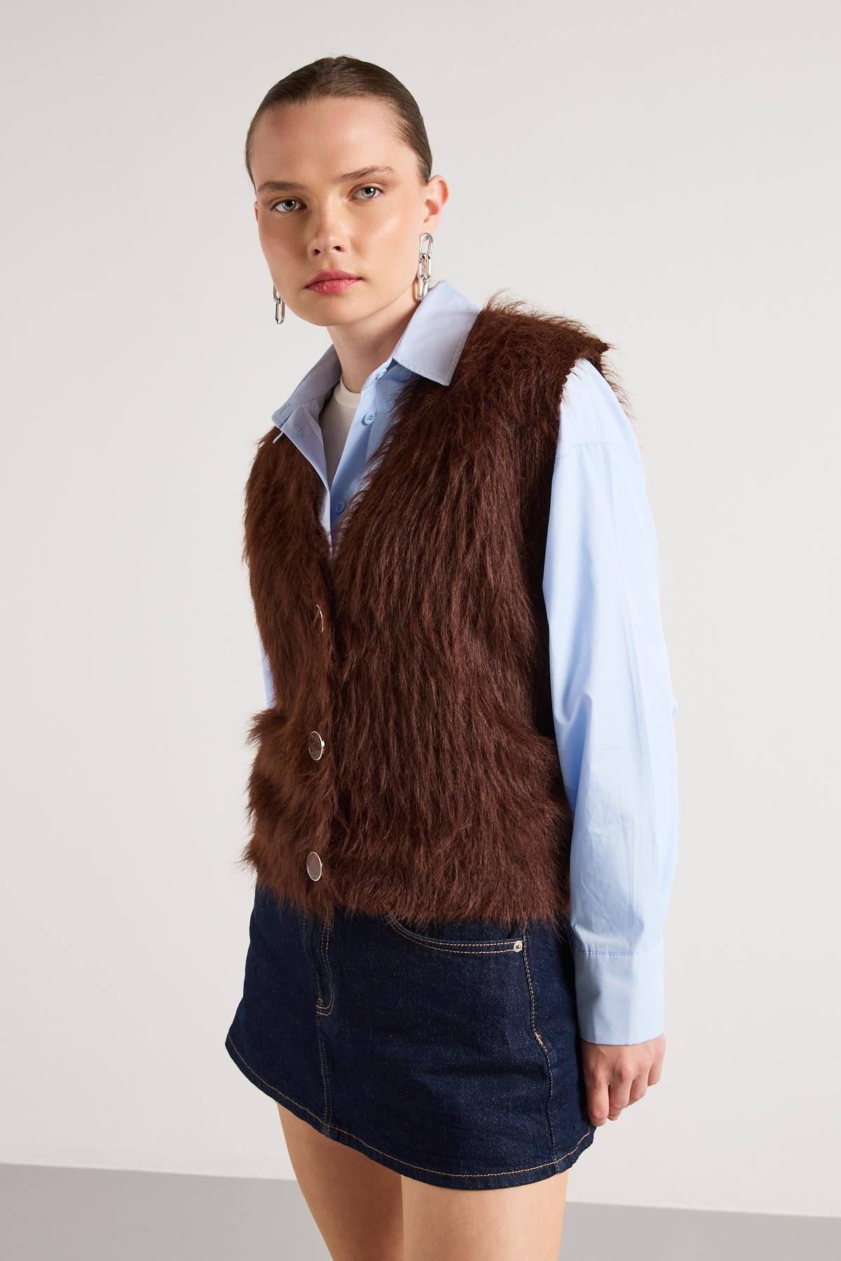 Kadın Kahve Peluş Triko Yelek 92