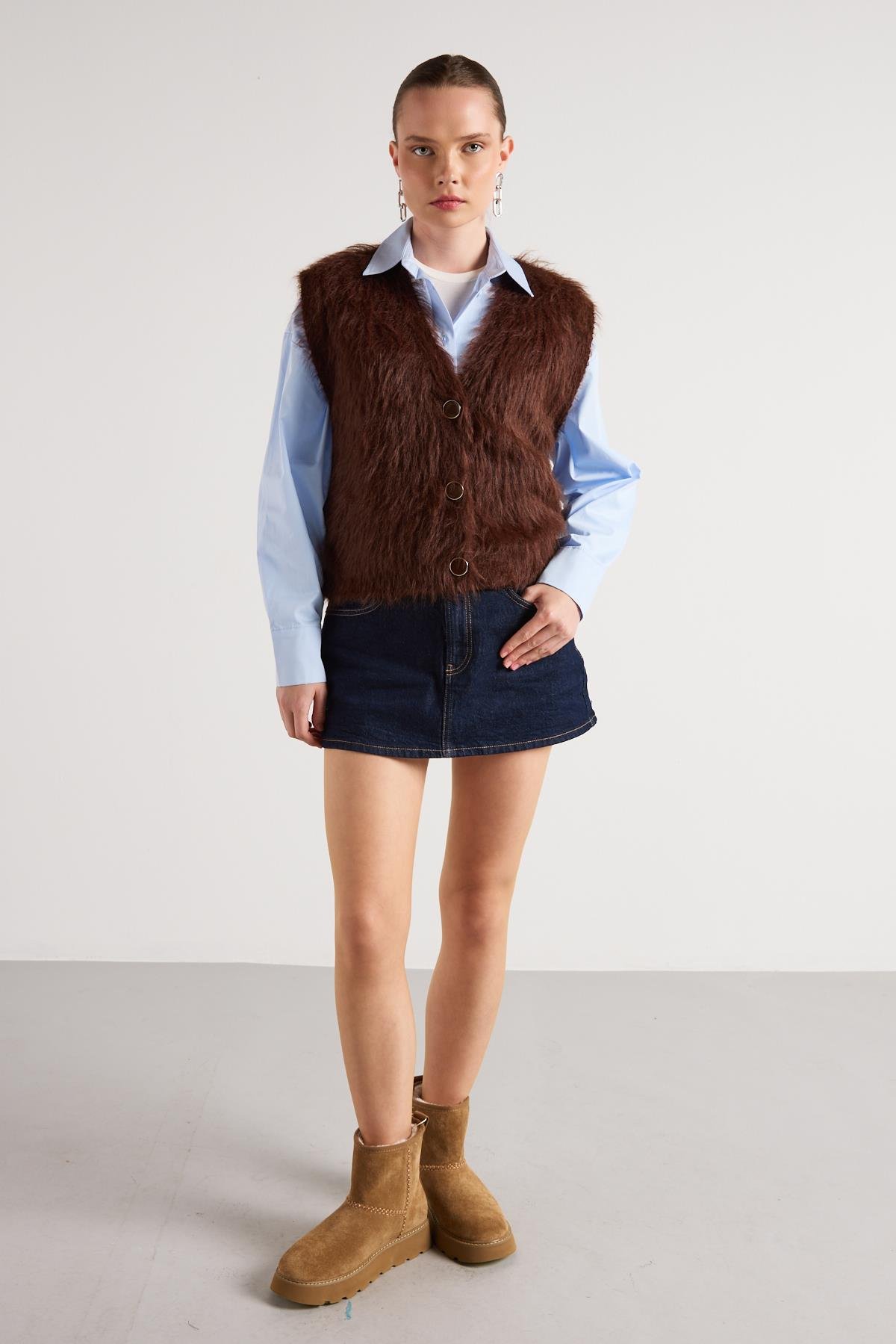 Kadın Kahve Peluş Triko Yelek 92