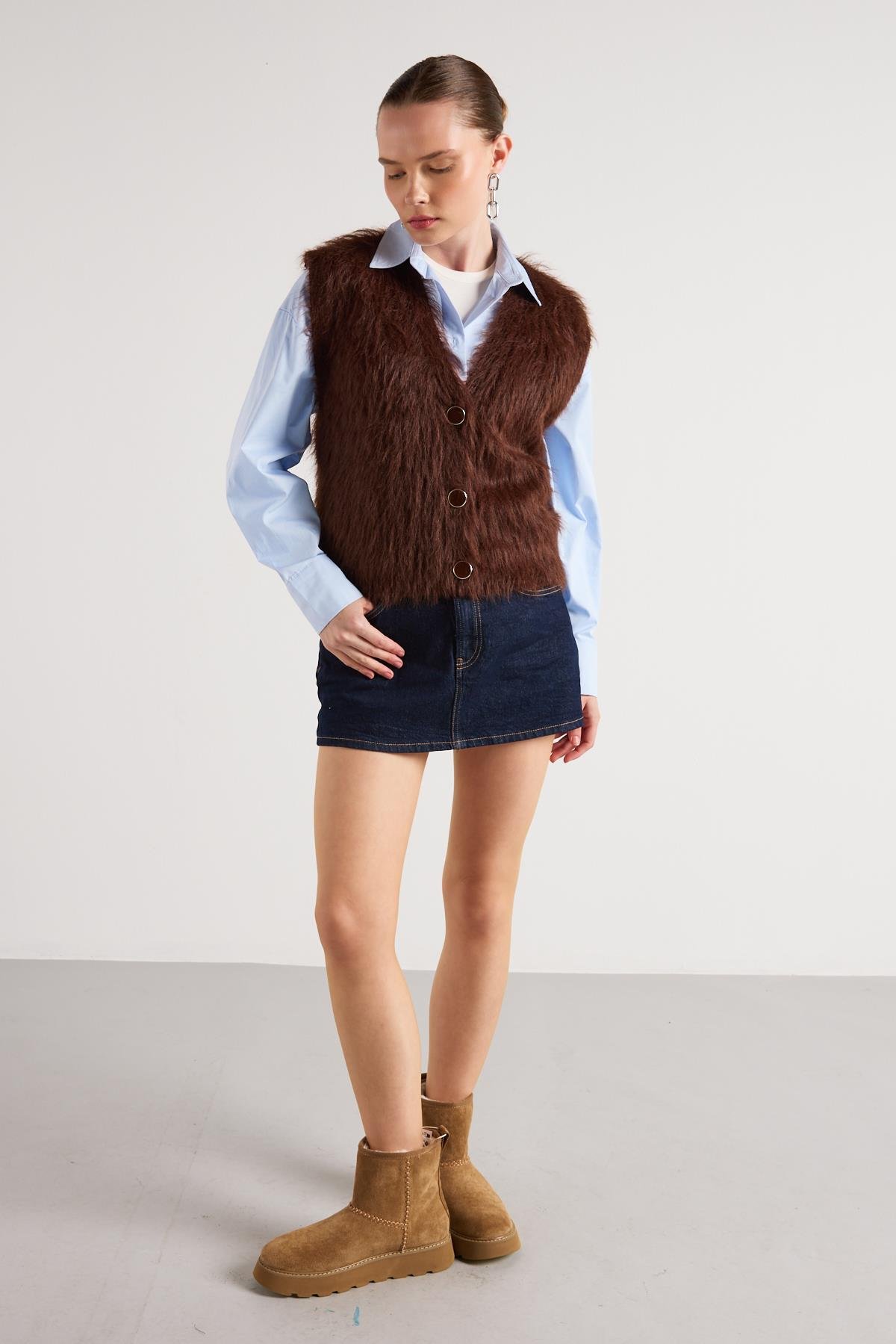 Kadın Kahve Peluş Triko Yelek 92