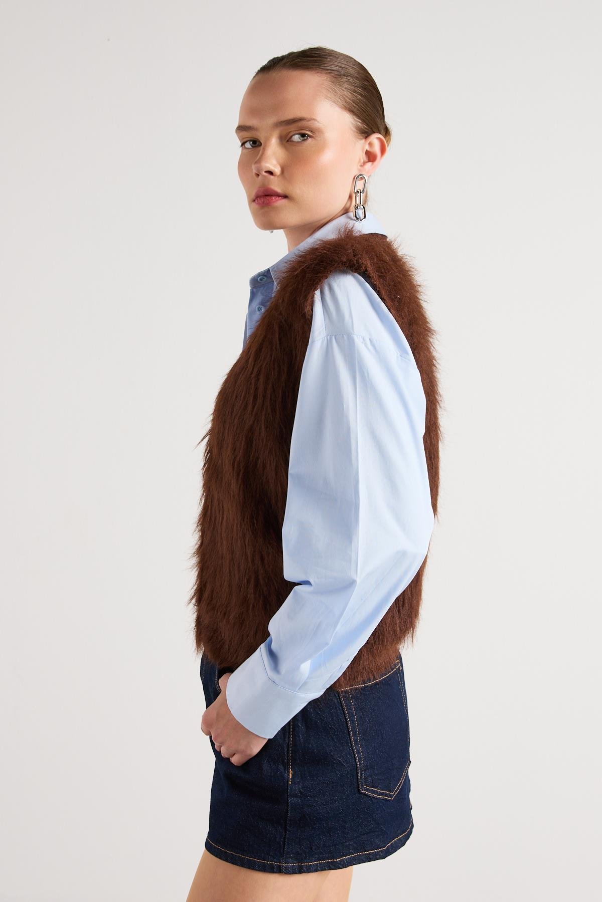 Kadın Kahve Peluş Triko Yelek 92