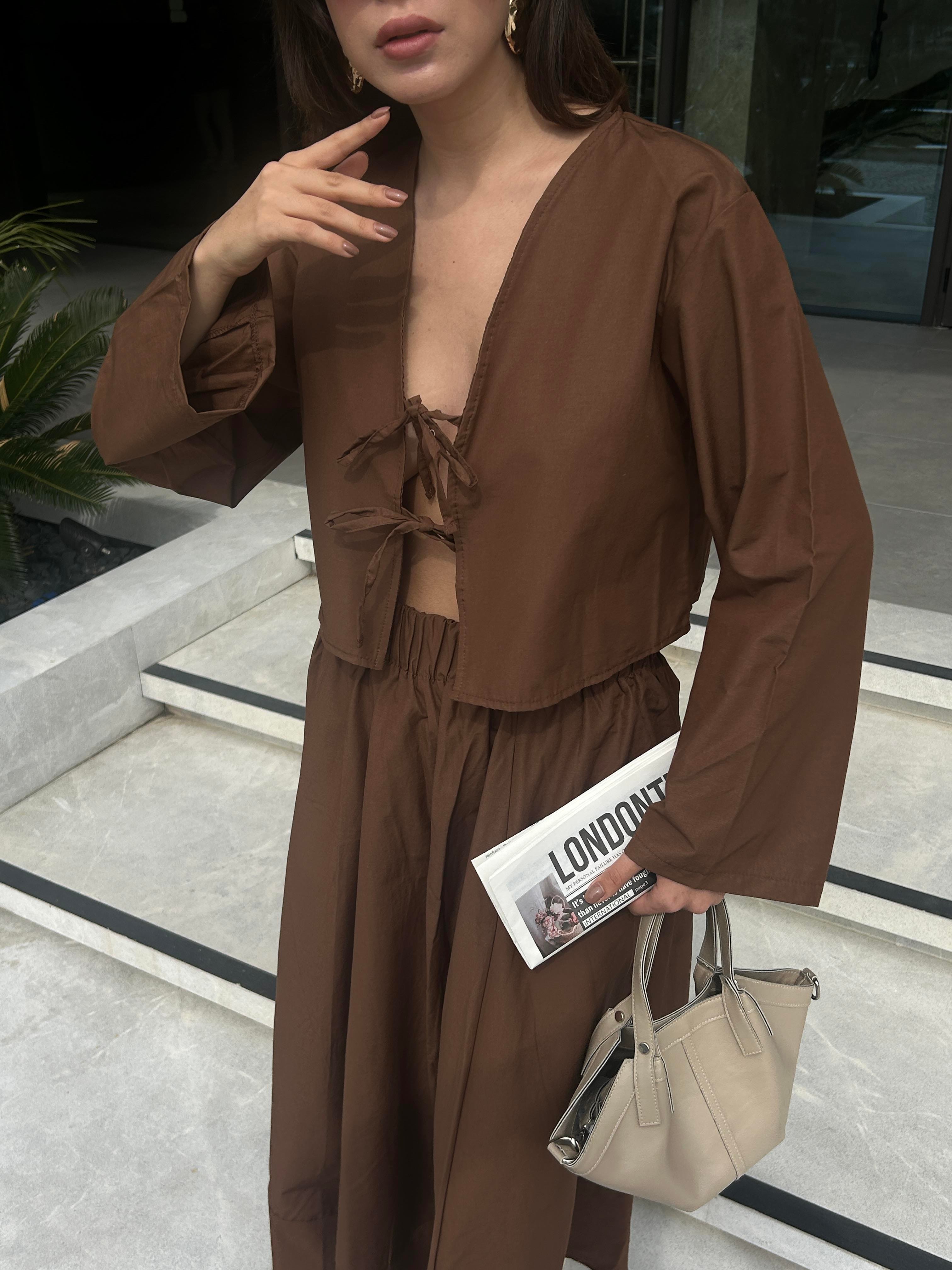 Kadın Kahve Poplin Önden Bağlamalı Bluz 29085