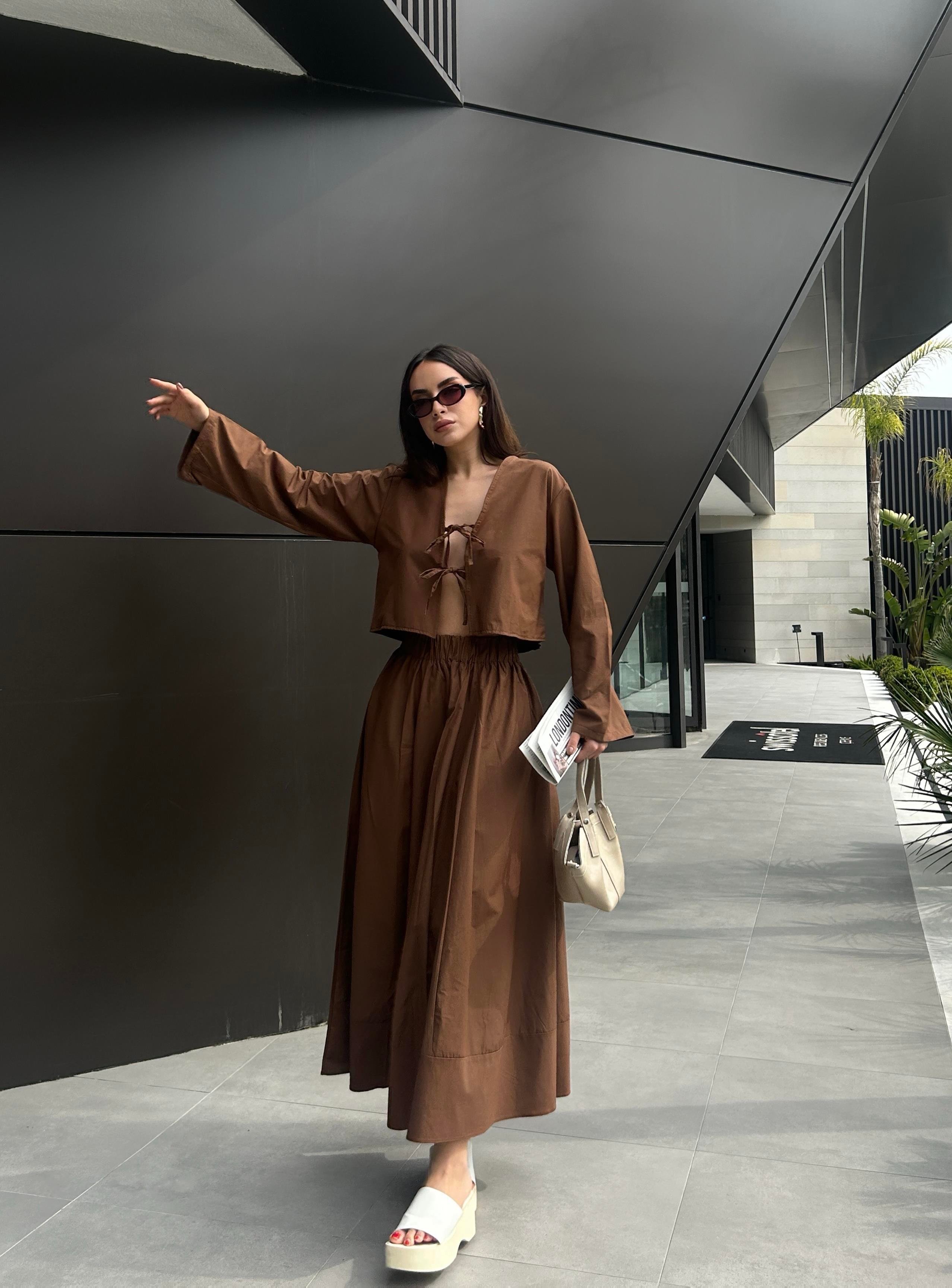 Kadın Kahve Poplin Önden Bağlamalı Bluz 29085