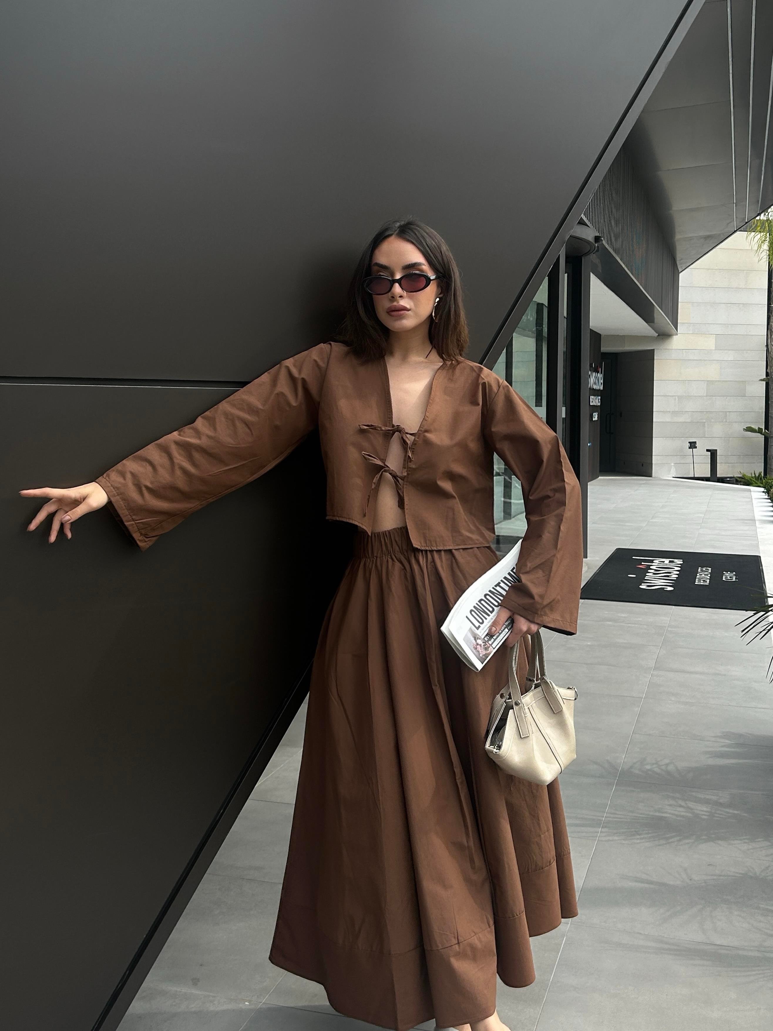 Kadın Kahve Poplin Önden Bağlamalı Bluz 29085