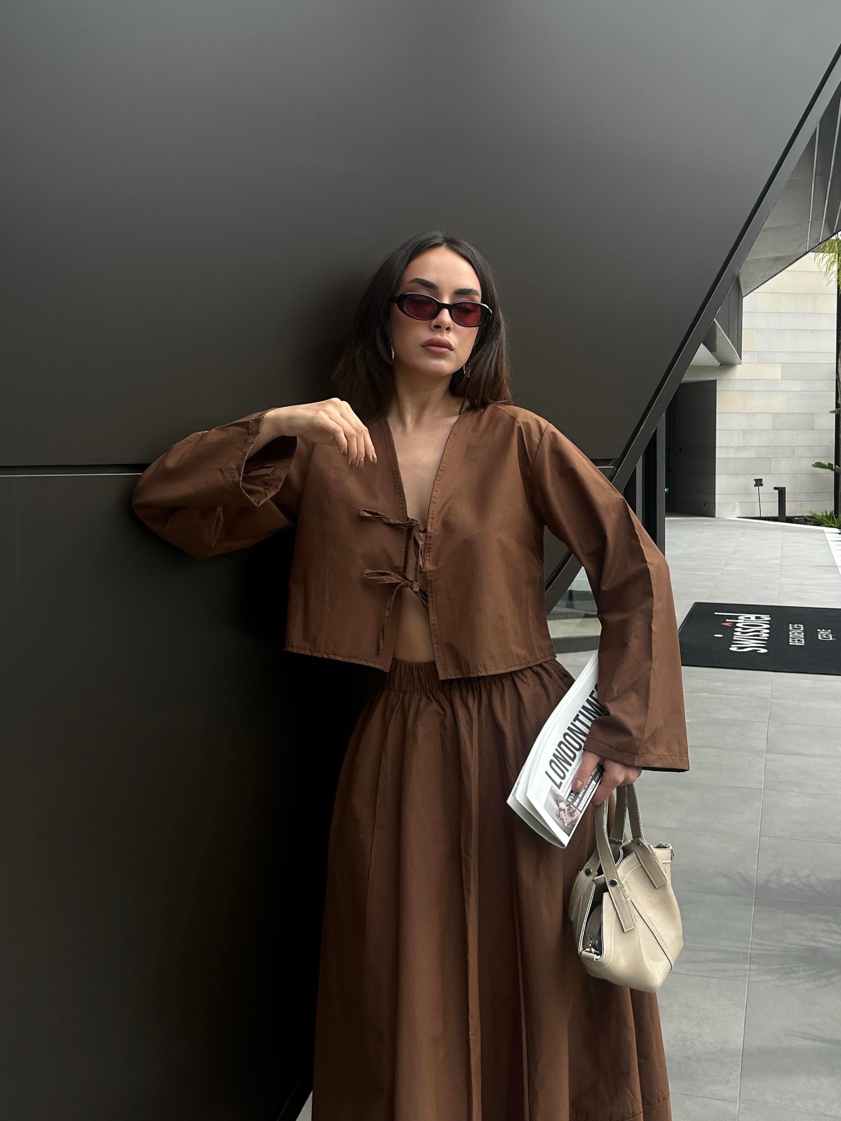 Kadın Kahve Poplin Önden Bağlamalı Bluz 29085