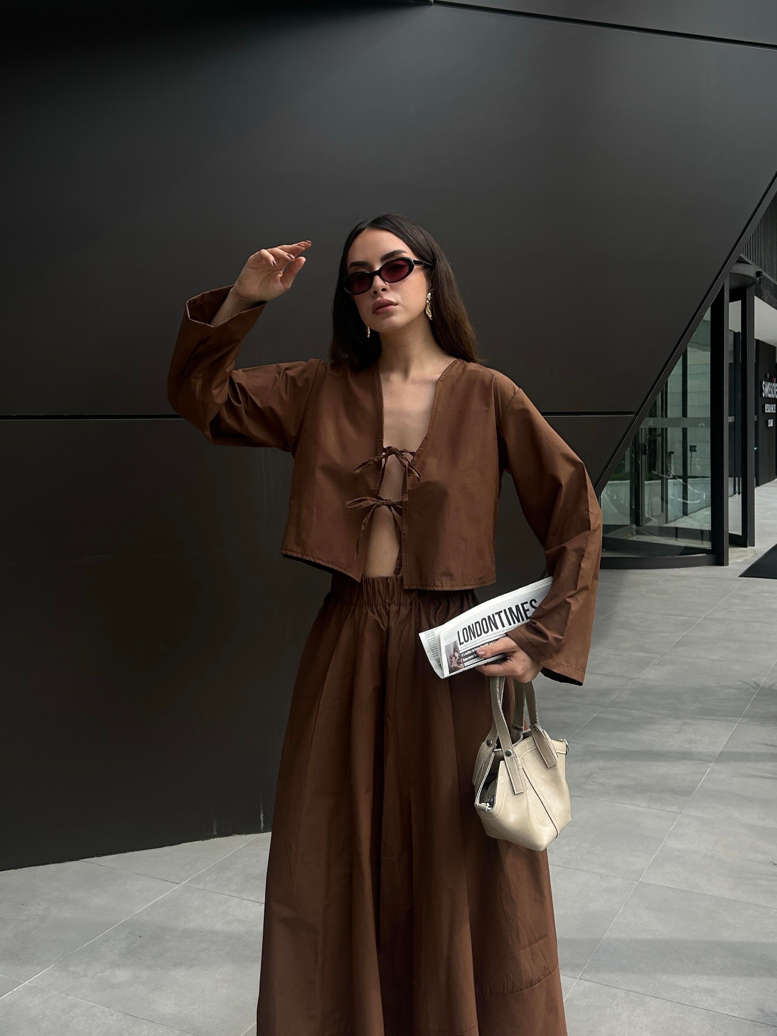 Kadın Kahve Poplin Önden Bağlamalı Bluz 29085