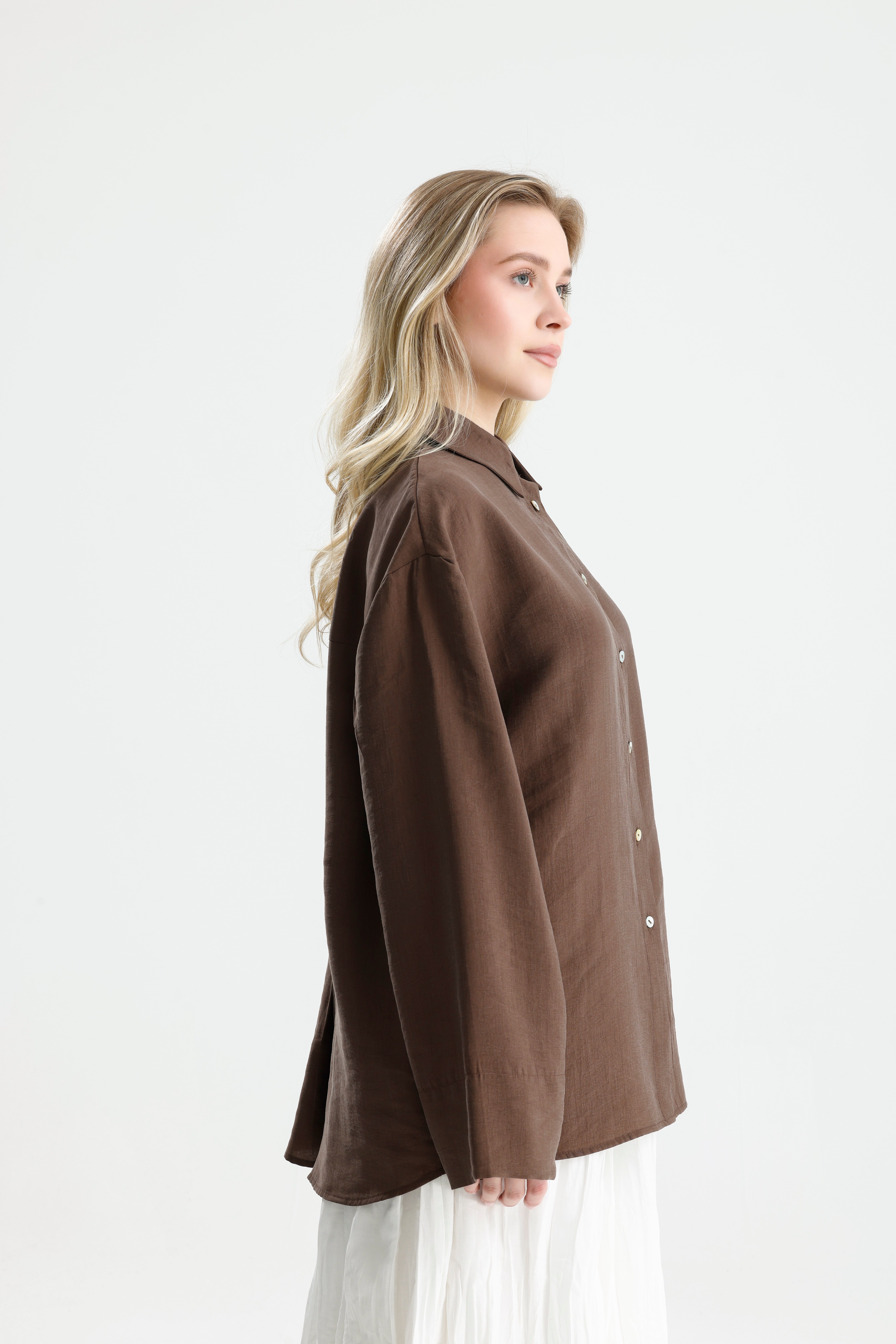 Kadın Kahve Premium Kumaş Oversize Gömlek 31084